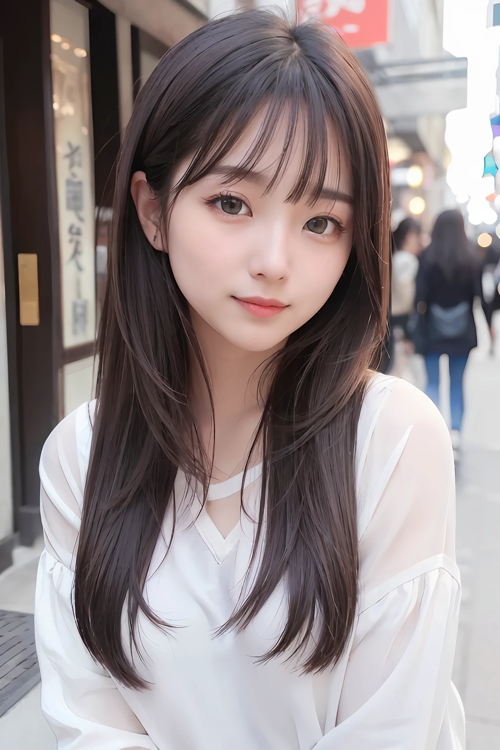(8K、top-quality、masterpiece:1.2)、(reallistic、Photorealsitic:1.37)、The ultra-detailliert、女の子1人、23years old、Medium chest、Beautie、Beautiful and perfect face、Natural smile、独奏、holiday、Bustling street、shopping、Fashionable clothes、Redness of the nose)、(A smile:1.15)、(With mouth closed) 、beautidful eyes、(long:1.2)、Floating hair 、Middle hair、