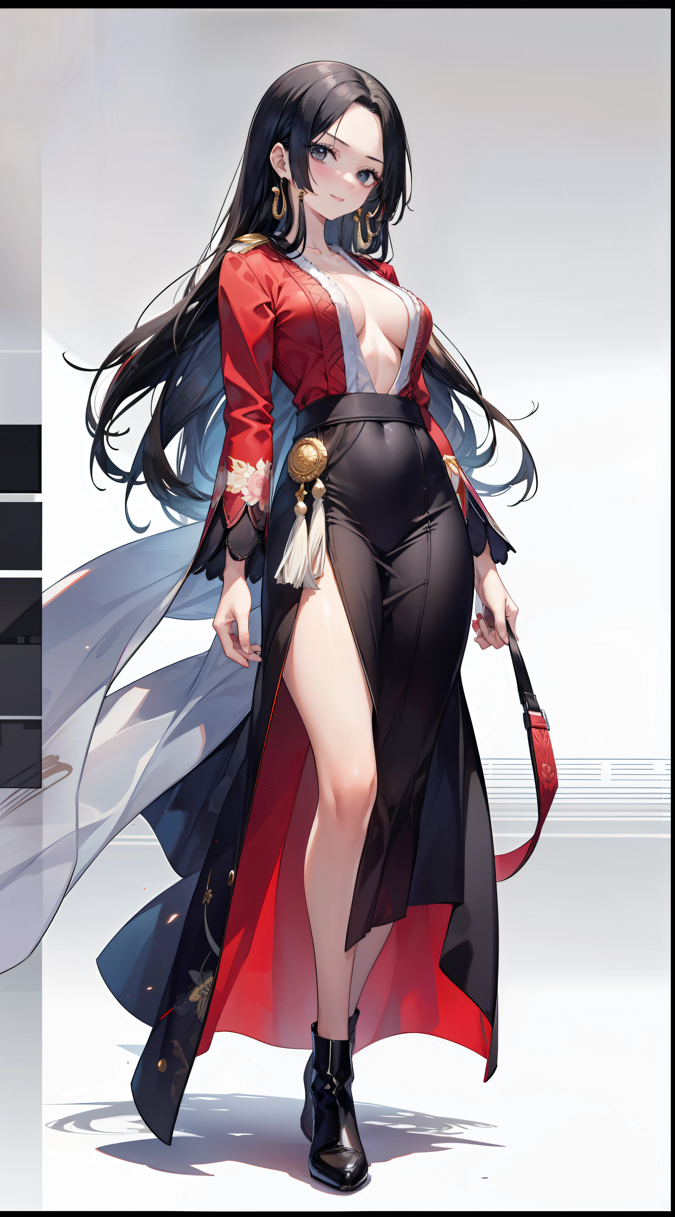 top-quality,masterpiece,Masterpiece,8k,1人の女性,1girl,独奏,((without background,Pure white background)),Boa Hancock,Black hair,Long,straight haired,Black eyes,despise,Bullish smile,(Red clothes),long skirt,Tall,is standing,facing front,Walking posture,(full bodyesbian),Depiction from head to knee,