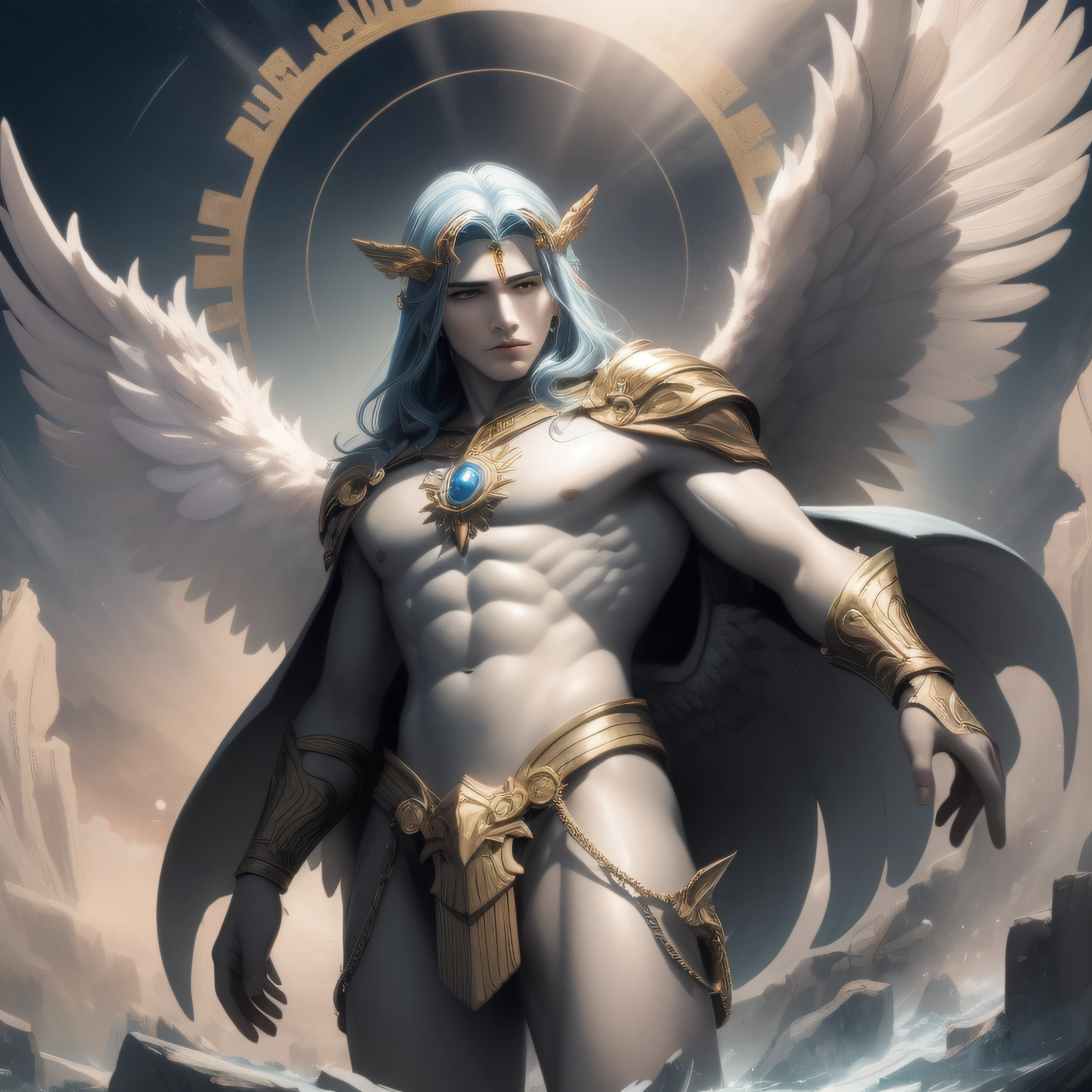 arafed male angel with a golden halo and a blue cape, a massive celestial giant god, full - body majestic angel, the god emperor of mankind, mystical atlantean valkyrie, portrait of emperor of mankind, godrays digital painting, concept art of god, beautiful male god of death, archangel, portrait of greek god ares