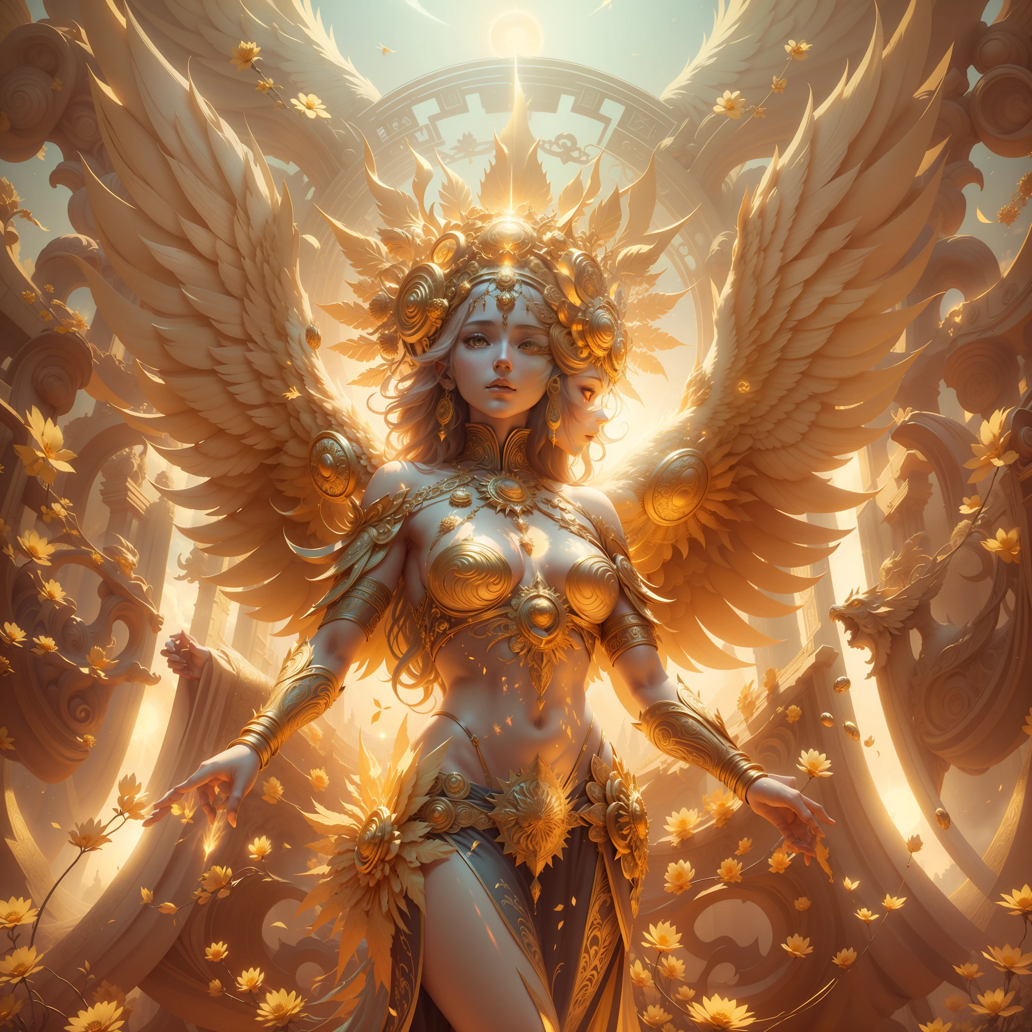 surrealism, conceptual art, classicism, back lit lighting, full bloom, Optical illusion, wide angle full body, in a panoramic view, Ultra-wide angle full body,projected inset, hyper HD, Masterpiece, Textured skin, Super detail, High quality, Award-Awarded,It has a large golden flower on it, enlightening. Intricate, full bodyesbian, The goddess of the sun who blesses the masses, Flying,Extremely detailed full-body shot of the goddess, the solarpunk phoenix, Symmetrical epic fantasy art, unreal engine rendered, Goddess of Light, gold ethereal light, ethereal angelic being of light, art nouveau octane render, intricate ornate anime cgi style