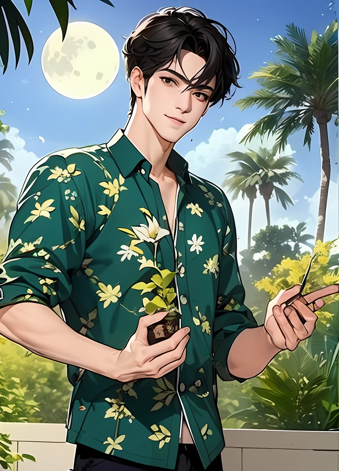 full_moon, leaf, moon, plant, potted_plant, bamboo, 1guy, handsome man, palm_tree, butterfly, bug, water, tanabata, branch, barefoot, night, lily_pad, tanzaku, soaking_feet, vines, solo, outdoors, tree, very short black hair, wet, flower, smile, ivy, green_eyes, pants, lily_of_the_valley, sky, blue_butterfly, looking_at_viewer, palm_leaf, casual clothes, ((masterpiece,best quality)), beautiful detailed eyes, beautiful detailed face