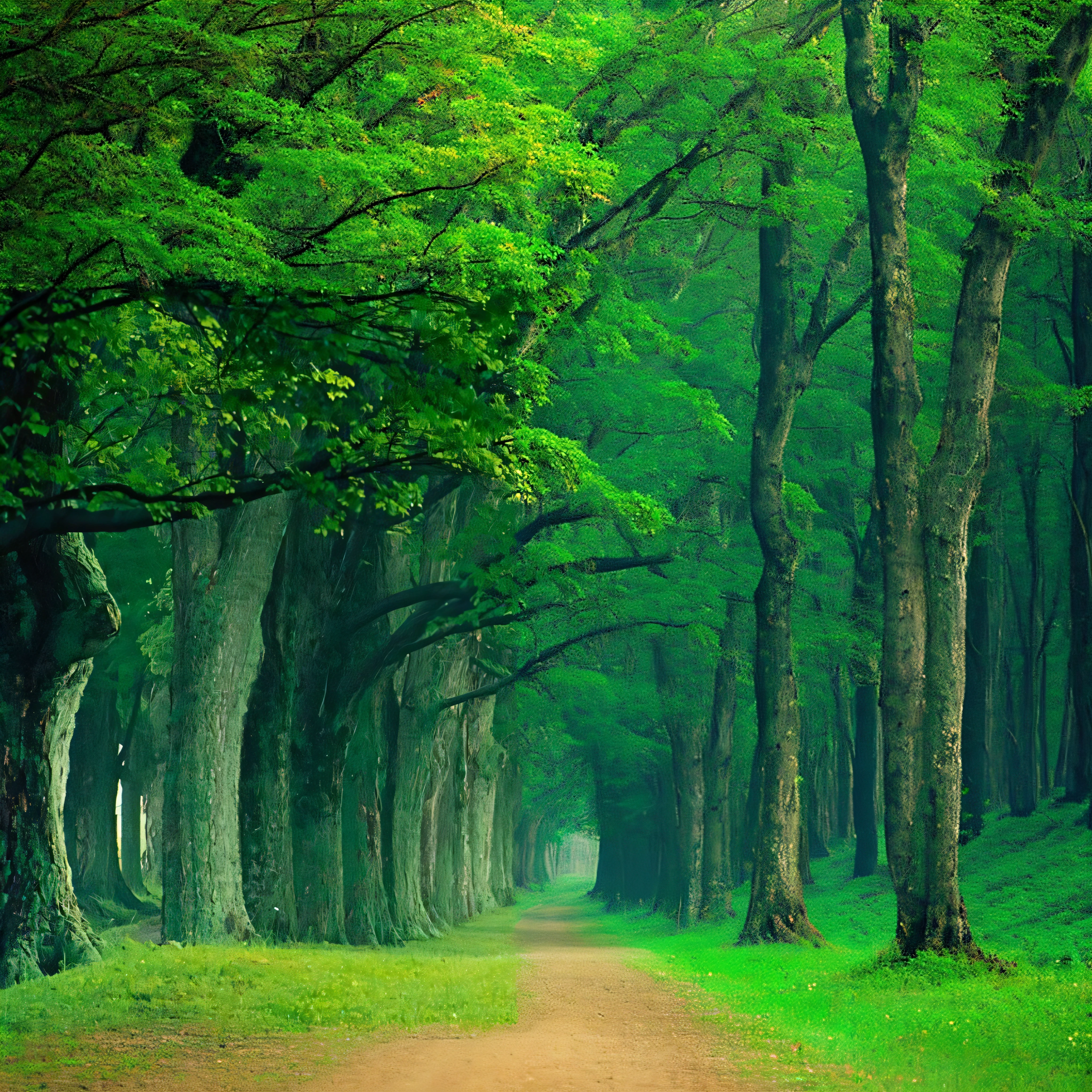 Trees line the path in a green forest with a bench, Natural trees, breath - taking beautiful trees, breath-taking beautiful trees, beautiful trees, verdant trees, bosque realmente hermoso, lush trees, Bosque verde, hermoso bosque, beautiful forests and trees, forest trees, large green trees, Hermoso bosque antiguo, Bosque de flora verde, Exuberante bosque verde, bosques