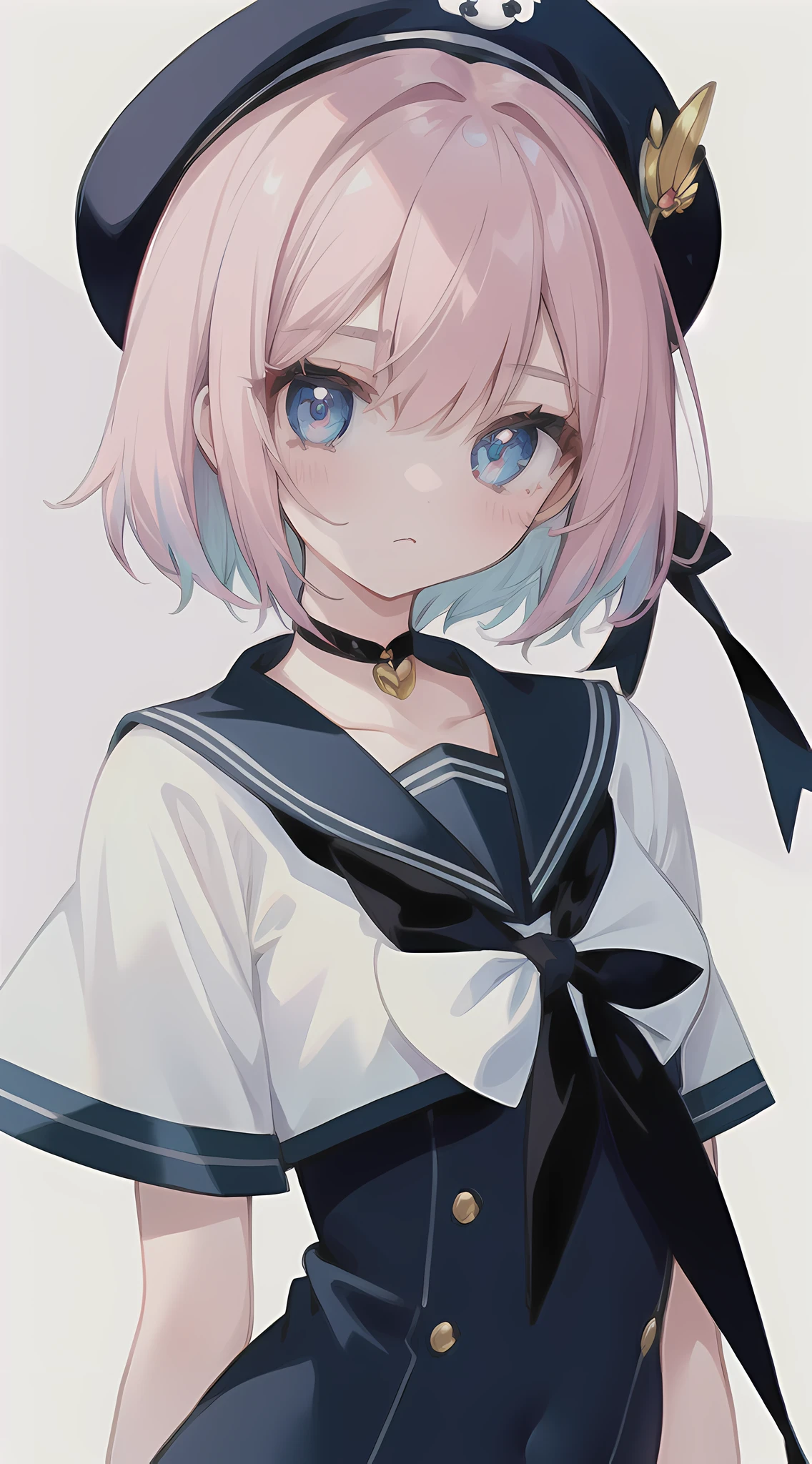 1girl,(Girlish body type),(masterpiece),(best quality),Exquisite visuals,high-definition,(ultra detailed),(expressionless),finely detail,((solo)),(beautiful detailed eyes),Kawaii,loveliness,looking at viewer,(upper body),sailor_collar, hat, sfw,