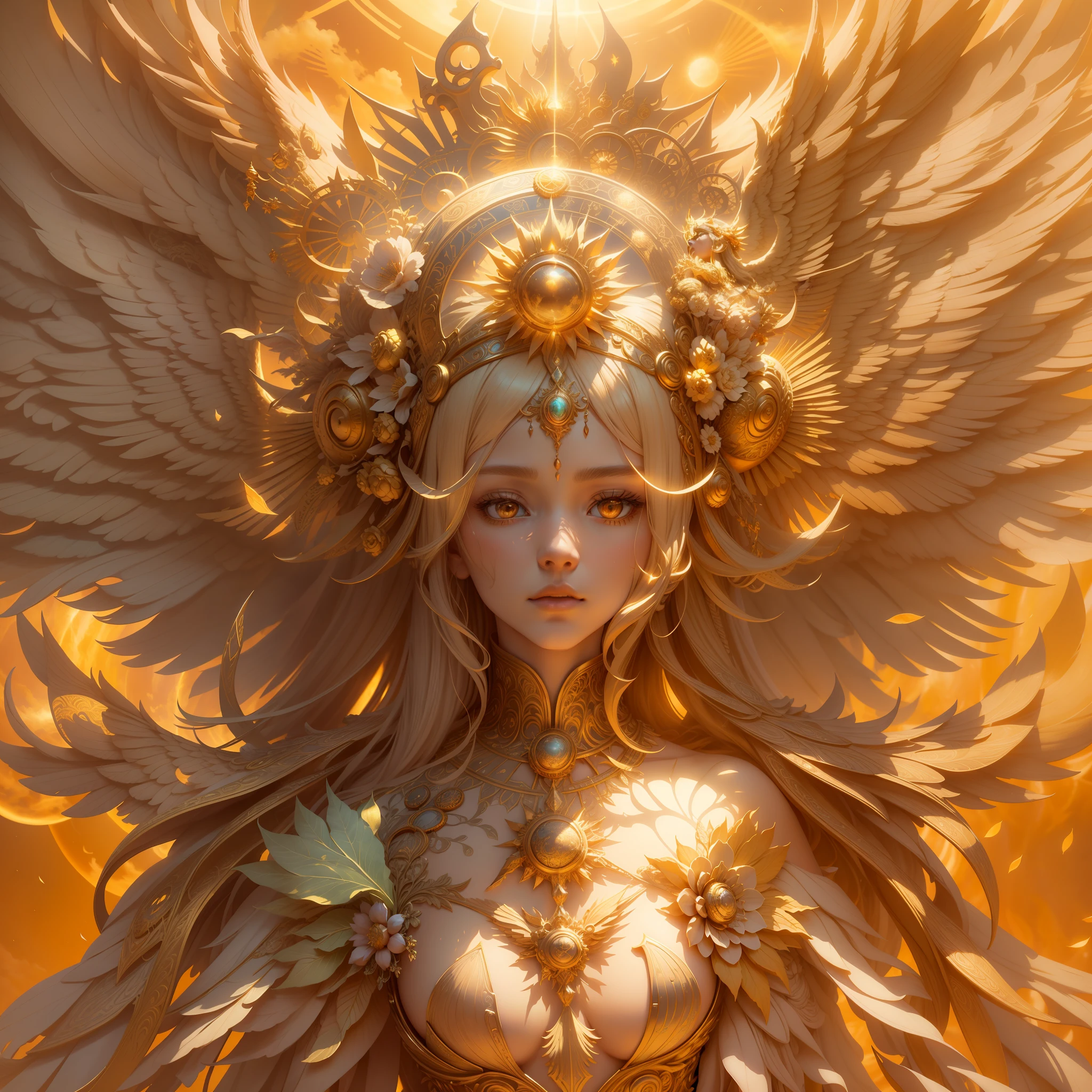 surrealism, conceptual art, classicism, back lit lighting, full bloom, Optical illusion, wide angle full body, in a panoramic view, Ultra-wide angle full body，projected inset, hyper HD, Masterpiece, Textured skin, Super detail, High quality, Award-Awarded，It has a large golden flower on it, enlightening. Intricate, full bodyesbian, The goddess of the sun who blesses the masses, Flying，Extremely detailed full-body shot of the goddess, the solarpunk phoenix, Symmetrical epic fantasy art, unreal engine rendered, Goddess of Light, gold ethereal light, ethereal angelic being of light, art nouveau octane render, intricate ornate anime cgi style