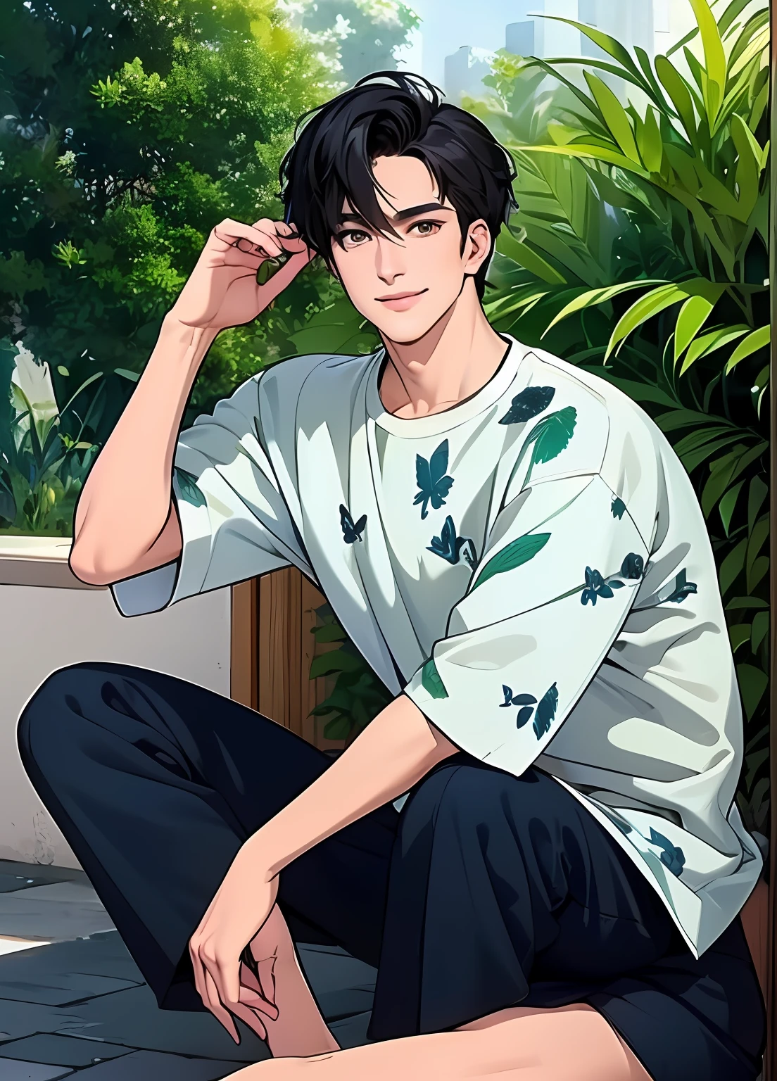 full_moon, leaf, moon, plant, potted_plant, bamboo, 1guy, handsome man, palm_tree, butterfly, bug, water, tanabata, branch, barefoot, night, lily_pad, tanzaku, soaking_feet, vines, solo, outdoors, tree, very short black hair, wet, flower, smile, ivy, green_eyes, pants, lily_of_the_valley, sky, blue_butterfly, looking_at_viewer, palm_leaf, casual clothes, ((masterpiece,best quality)), beautiful detailed eyes, beautiful detailed face