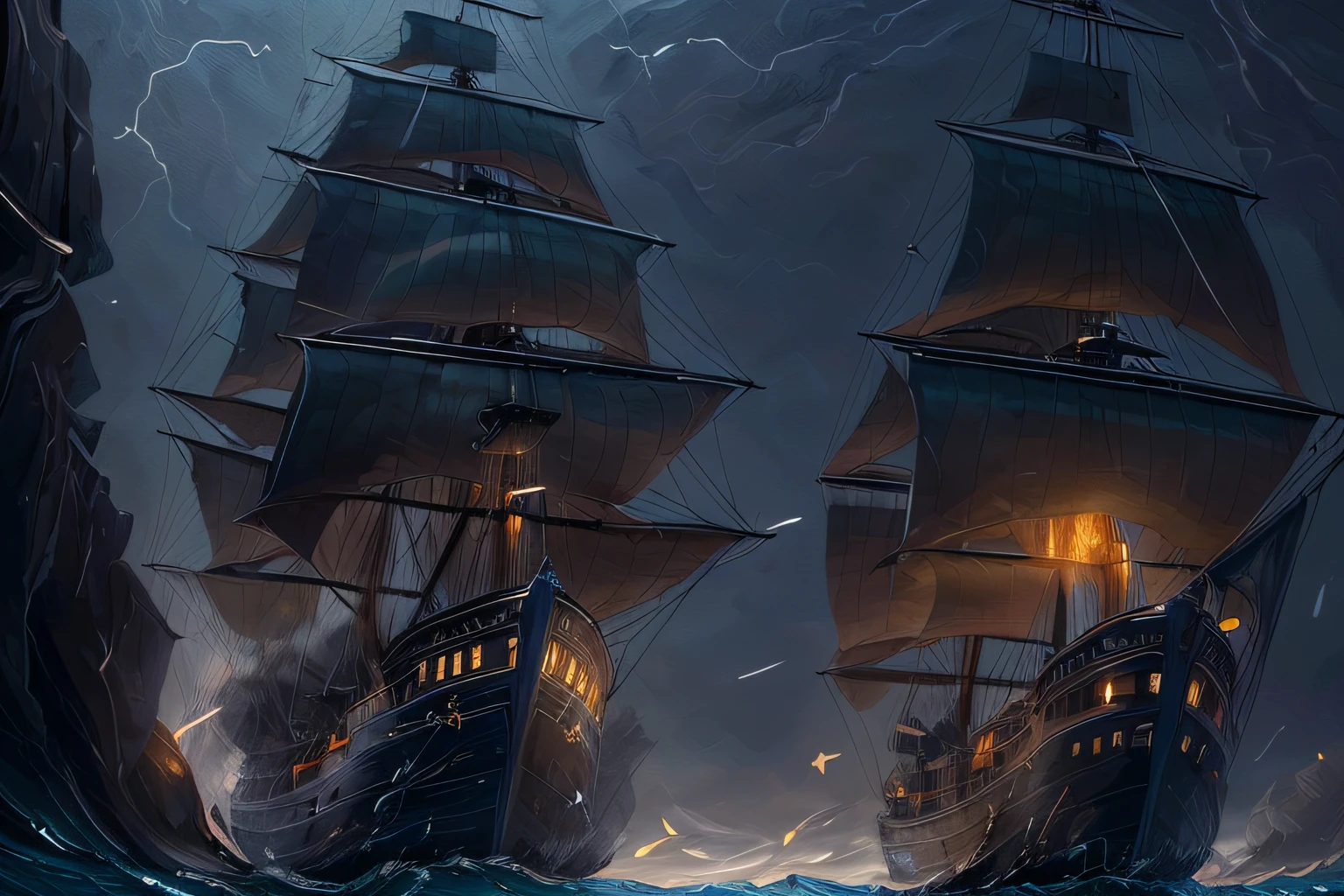 ((best quality)), ((masterpiece)), (dark dim dramatic atmosphere)
((The black pearl)), (sunk into the sea),pirates of the caribbean,(Underwater glowing strange light:1.4) billow, 
intricate, highly detailed,(digital painting:1.8),futuristic, smooth,conceptart, sharp focus, (unreal engine 5, 8k)  shuimobysim, wuchangshuo, bonian, zhenbanqiao, badashanren,