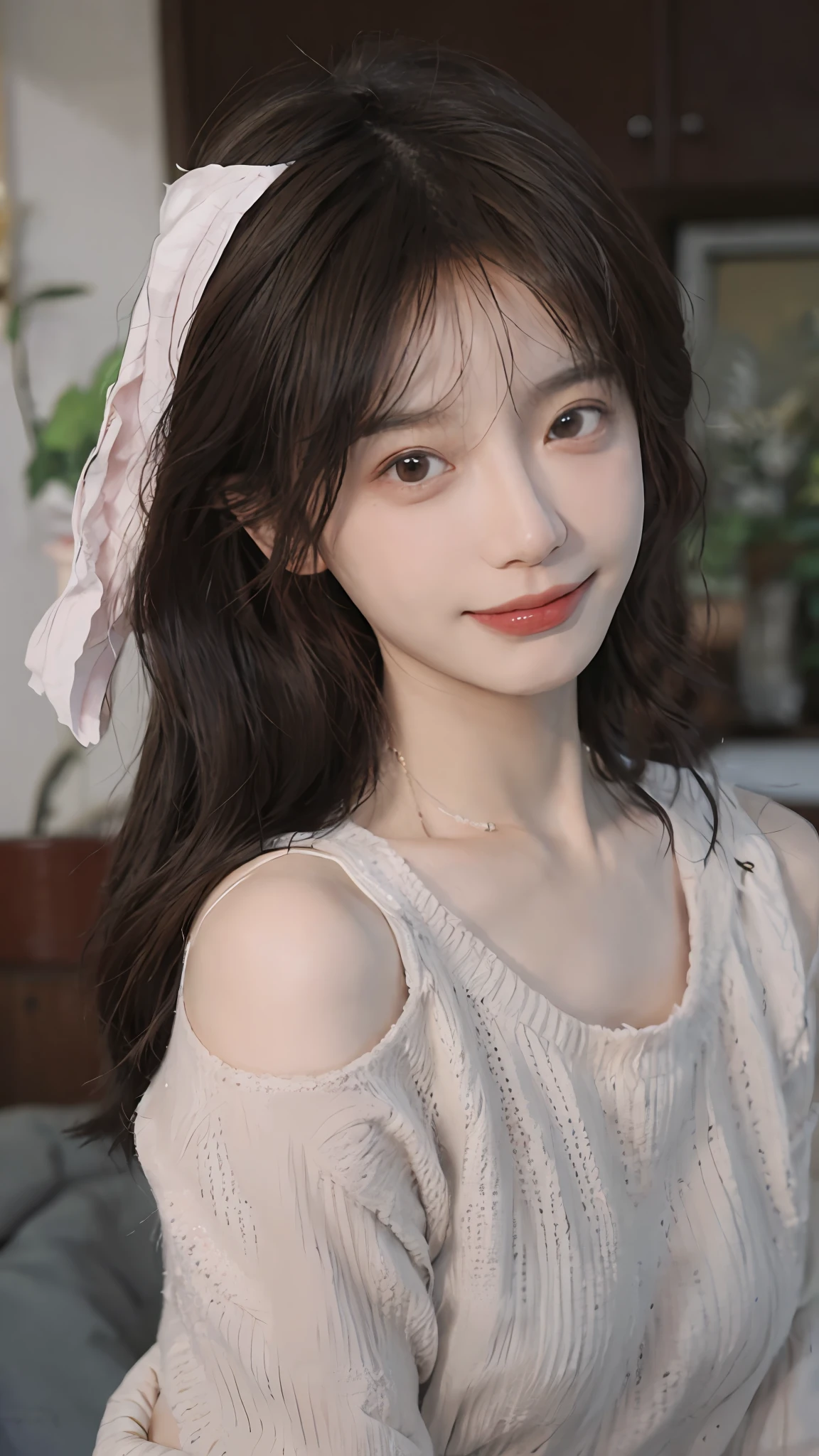 best qualtiy， 超高分辨率， （realisticlying：1.4），cute hairpin，Baoyu Girl，1girll, Beautiful woman with a slim figure:1.4, Abs:1.1, (A brown-haired, mideum breasts:1.3), Long pink sweater:1.1, 浴室,Ultra-fine face，Elaborate Eyes，二重まぶた，ssmile，choker necklace