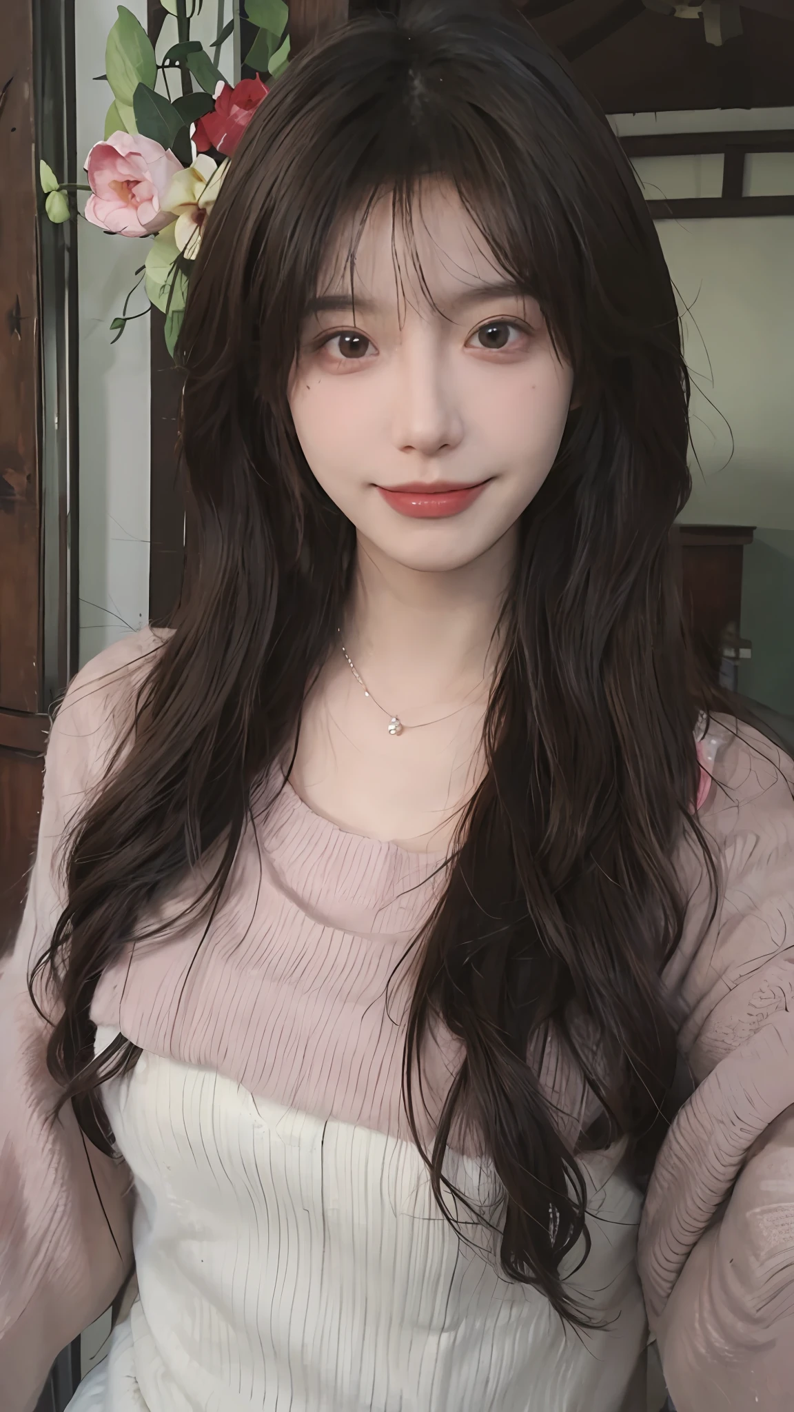 best qualtiy, 超高分辨率, (realisticlying:1.4),cute hairpin,Baoyu Girl,1girll, Beautiful woman with a slim figure:1.4, Abs:1.1, (A brown-haired, mideum breasts:1.3), Long pink sweater:1.1, 浴室,Ultra-fine face,Elaborate Eyes,二重まぶた,ssmile,choker necklace