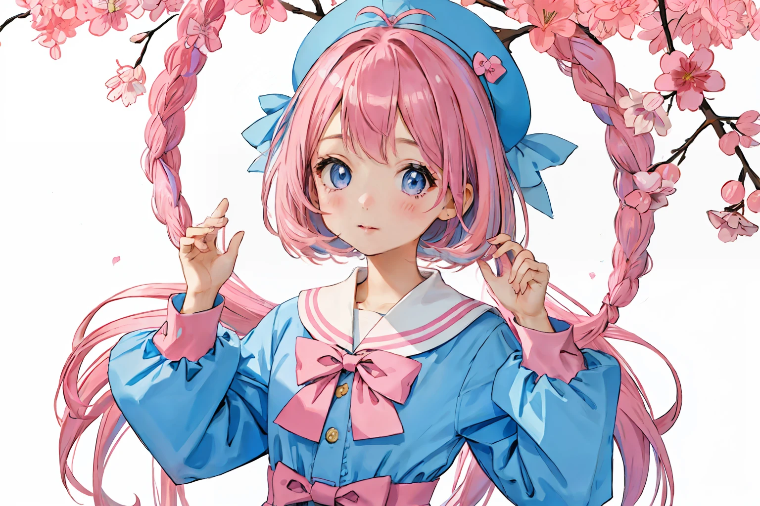 girl with、Pink hair、bob、Half Twin、Light blue ribbon on hair、pink sailor suit、Eye color is also pink