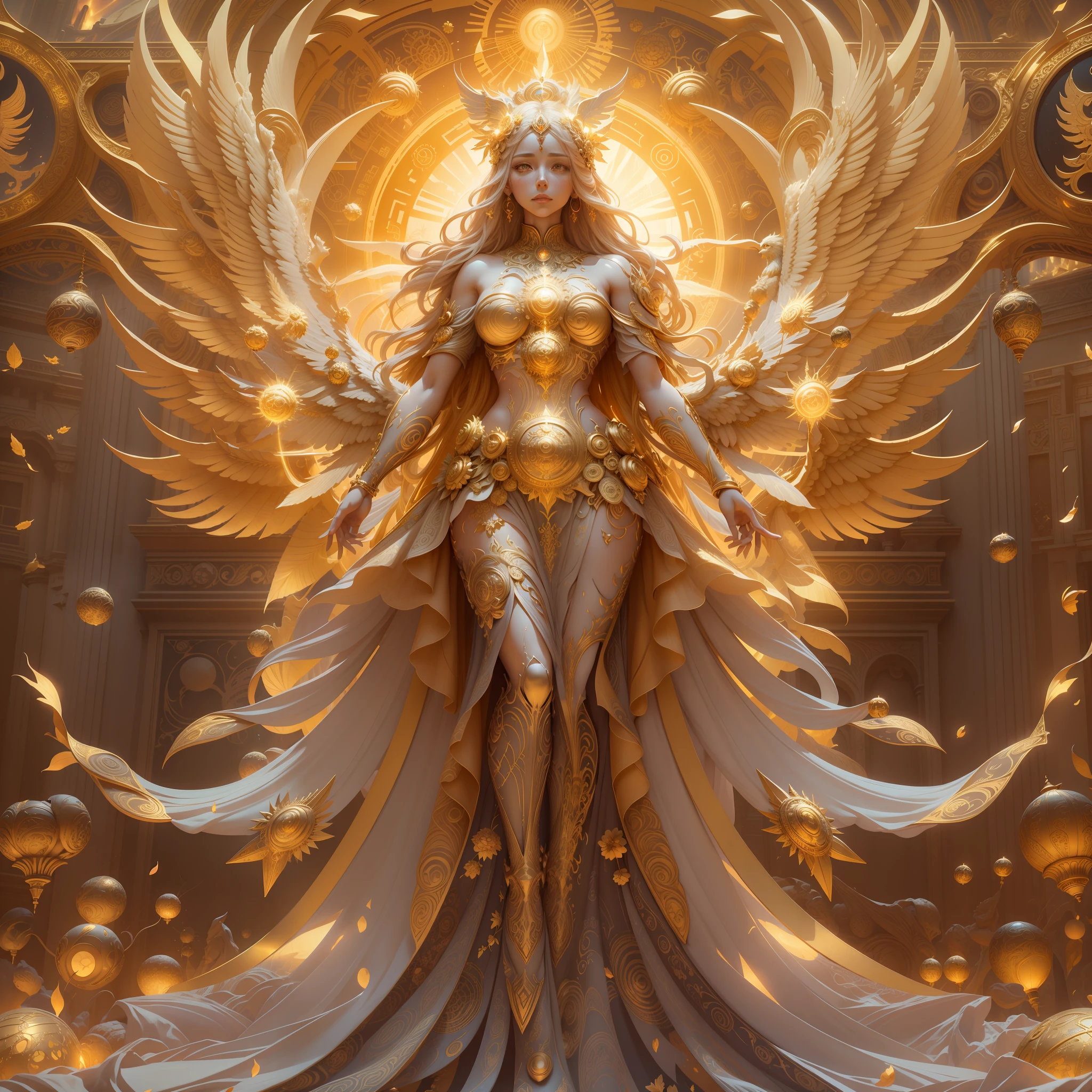 surrealism, conceptual art, classicism, back lit lighting, full bloom, Optical illusion, wide angle full body, in a panoramic view, Ultra-wide angle full body，projected inset, hyper HD, Masterpiece, Textured skin, Super detail, High quality, Award-Awarded，It has a large golden flower on it, enlightening. Intricate, full bodyesbian, The goddess of the sun who blesses the masses, Flying，Extremely detailed full-body shot of the goddess, the solarpunk phoenix, Symmetrical epic fantasy art, unreal engine rendered, Goddess of Light, gold ethereal light, ethereal angelic being of light, art nouveau octane render, intricate ornate anime cgi style