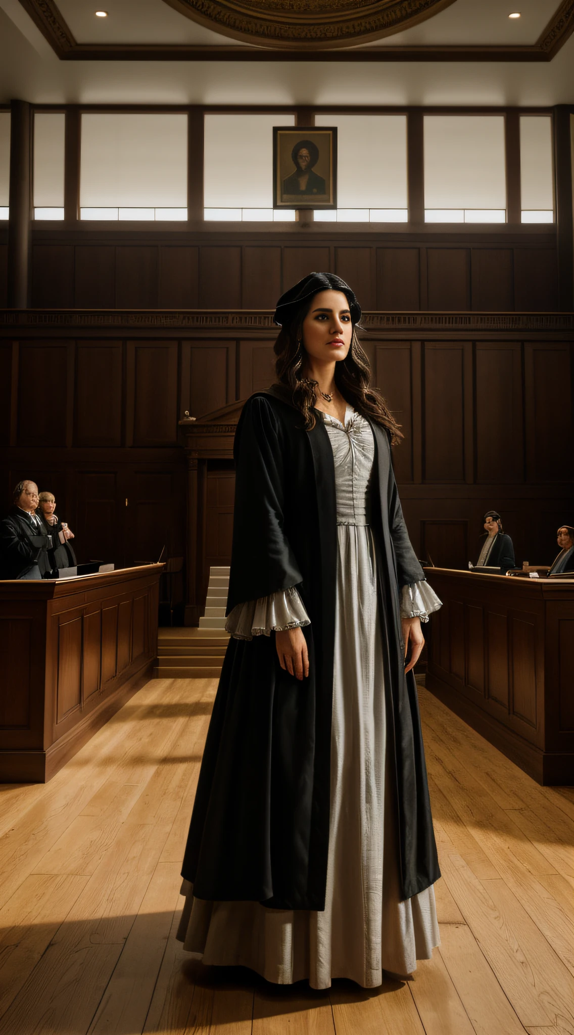{A depiction of Anna Göldi, standing strong under the heavy gaze of the courtroom. She is the centerpiece of the 1780s witch trial scene.}, Digital Image, Realistic Style, Art Inspiration: (Greg Rutkowski:1.1), Camera: Long Shot, Lens: Wide Angle, View: Front, Render Related Information: (4K:1.3), (Hyper Detailed:1.2), Lighting: Ambient Light