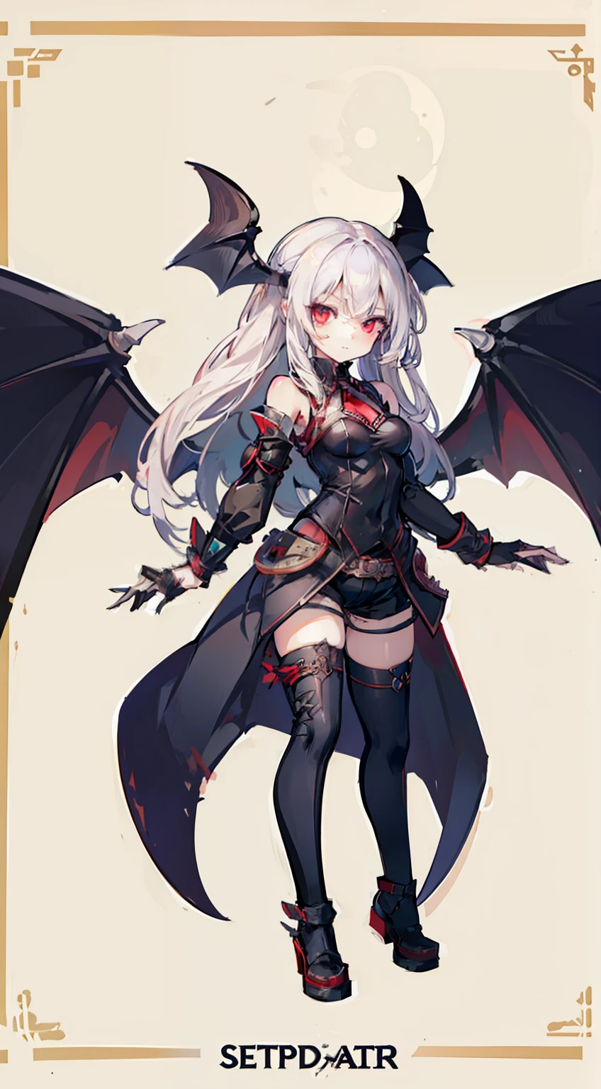 beste-Qualit, super detailed illustration, the perfect body,(1  girl:1.2), l vampire, Long white hair , Bat wings, dnd, in shorts