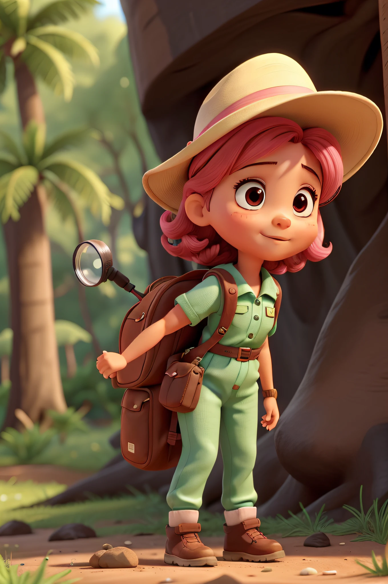 luz, uma de 3 anos com cabelo ((rosa)) e olhos castanhos brilhantes, is wearing a green jumpsuit, hiking boots and an explorer's hat. She has a backpack on her back and a magnifying glass in her hand. She's crouched on the floor, olhando uma formiga.
The ant is walking on the ground, near the foot of Mluz. MLuz is using the magnifying glass to take a closer look at the ant. She is very interested in learning about the ant.
MLuz is happy to be on the mountain. Ela adora explorar a natureza. She's learning a lot about the ant and she's having a lot of fun....