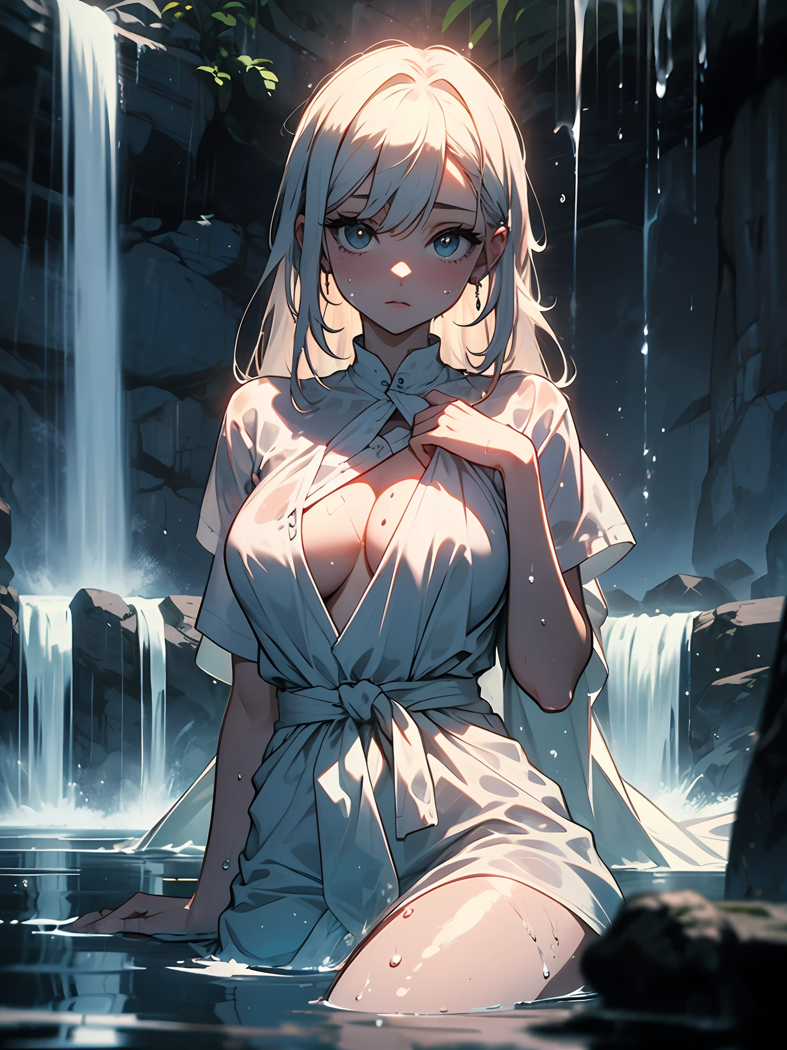 Bigboobs, Thin waist, White hair, Beautiful face and eyes, Wearing a white towel, Breast coverage, under waterfall, Deep water in the chest, In the water, inside a waterfall, under waterfall, Shower under the waterfall, Sit under the waterfall, Bathe under the waterfall, Close-up Shot Shot, Wet clothes, Wet hair, Wet body, Water ran down her face and body))), ((Ultra-detailed)), (illustration), (Detailed light), ((An extremely delicate and beautiful)), gothgirl,