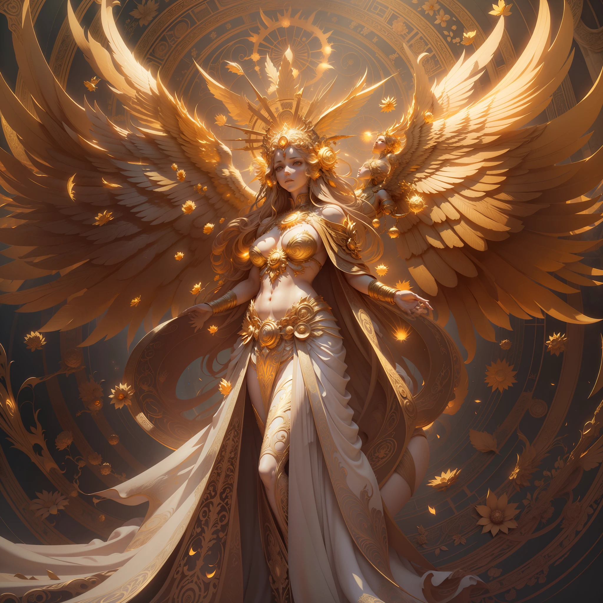surrealism, conceptual art, classicism, back lit lighting, full bloom, Optical illusion, wide angle full body, in a panoramic view, Ultra-wide angle full body，projected inset, hyper HD, Masterpiece, Textured skin, Super detail, High quality, Award-Awarded，It has a large golden flower on it, enlightening. Intricate, full bodyesbian, The goddess of the sun who blesses the masses, Flying，Extremely detailed full-body shot of the goddess, the solarpunk phoenix, Symmetrical epic fantasy art, unreal engine rendered, Goddess of Light, gold ethereal light, ethereal angelic being of light, art nouveau octane render, intricate ornate anime cgi style