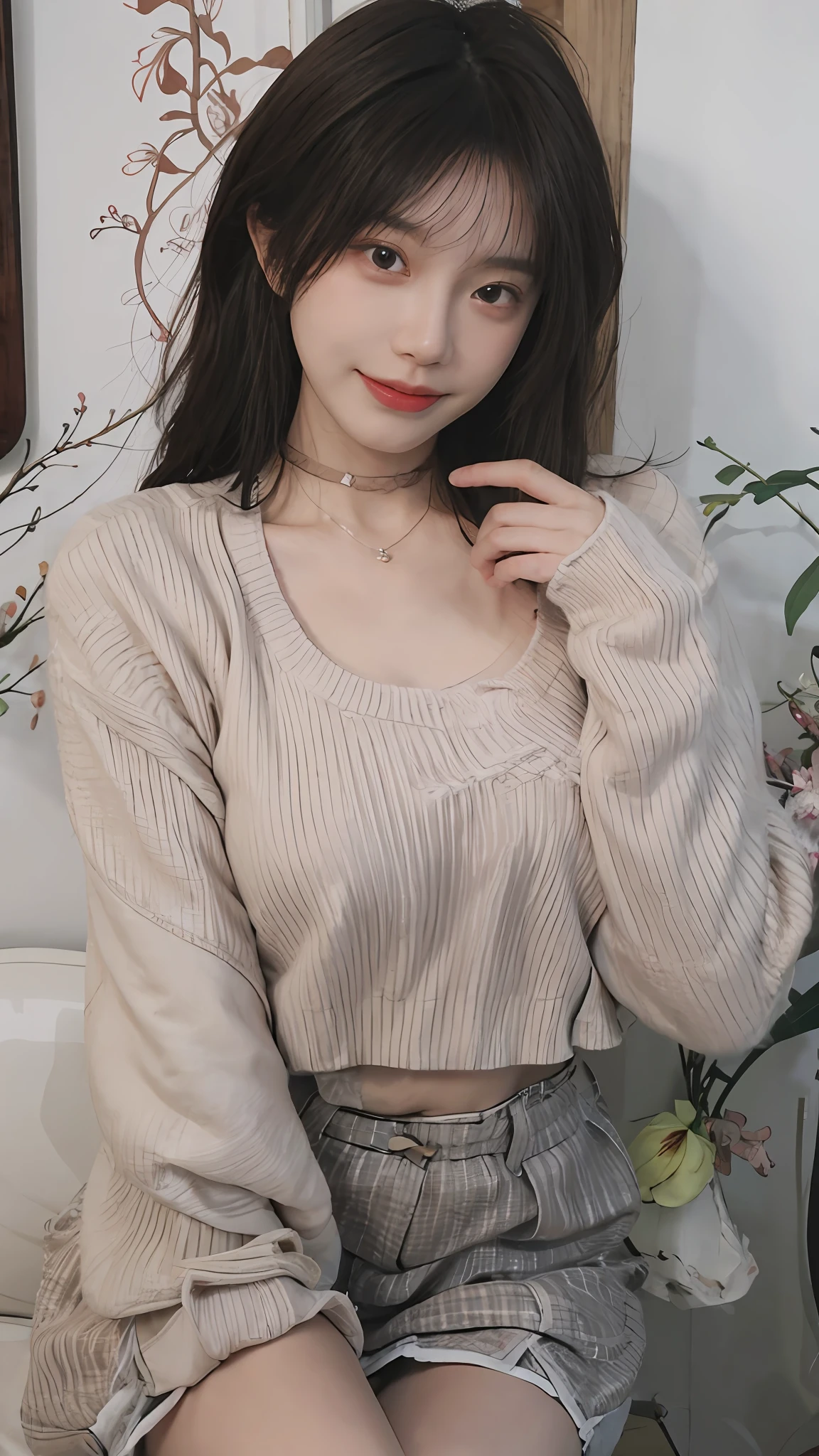 best qualtiy， 超高分辨率， （realisticlying：1.4），cute hairpin，Baoyu Girl，1girll, Beautiful woman with a slim figure:1.4, Abs:1.1, (A brown-haired, mideum breasts:1.3), Long pink sweater:1.1, 浴室,Ultra-fine face，Elaborate Eyes，二重まぶた，ssmile，choker necklace