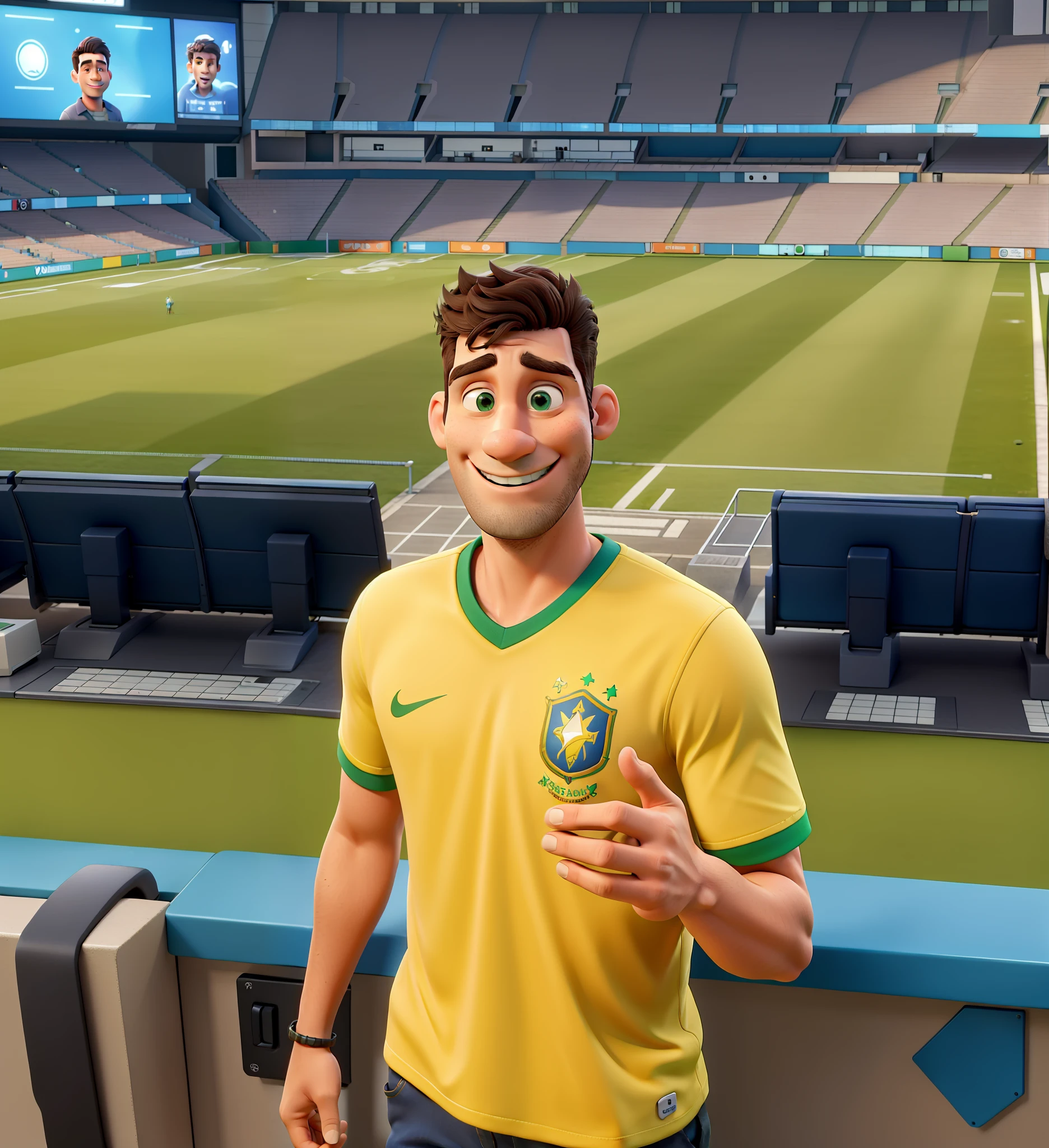 Obra prima de uma homem de aproximadamente 28 anos, Beautiful in Ultra Definition, rosto reto, dando destaque para sua pele em alta qualidade, qualidade de cinema disney, cabelo liso loiro com mechas escuras bem iluminado, sorridente, Have your hand hold a glass, Wearing a t-shirt from Brazil in high definition details, cinematic lighthing, profesional lighting, studio illumination, 8k, in the background a football stadium, na cor verde, com desfoque em ultra qualidade