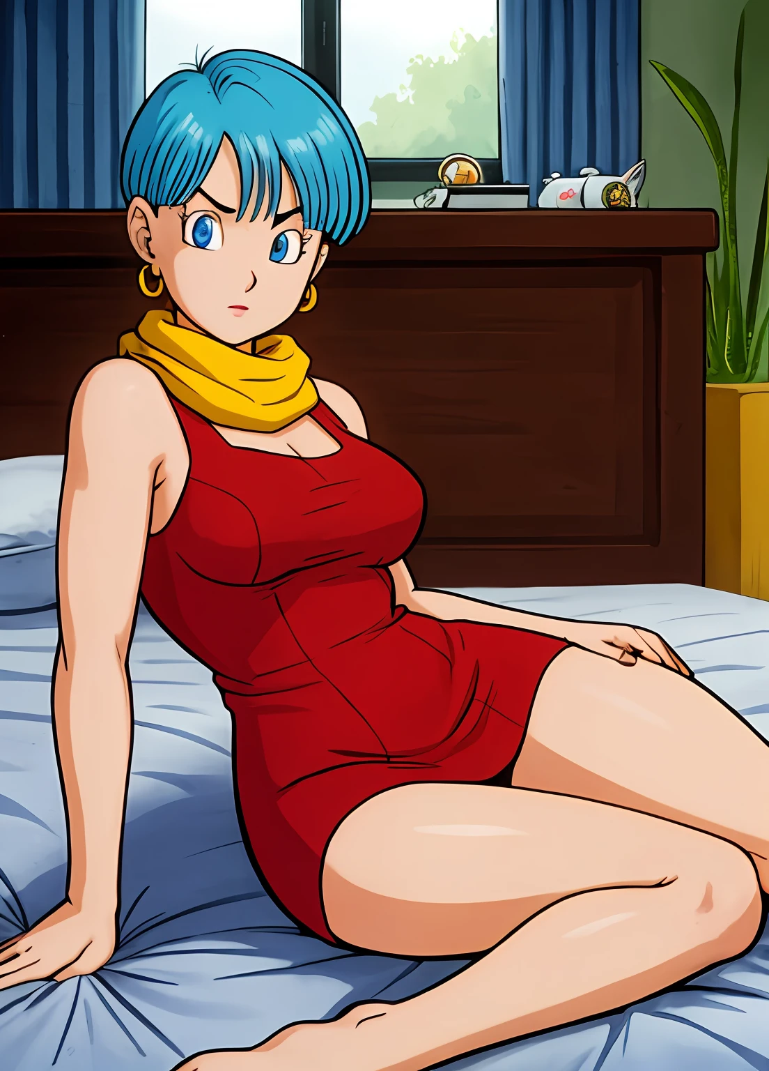 masterpiece, best quality, highest quality, (photorealistic), perfect anatomy, perfect face, perfect eyes,
bulmadbzreddress, aqua hair, red dress, short hair, blue eyes, yellow scarf, sleeveless, earrings, sexy pose, 1girl, on bed, lying, lying on bed, sexy pose