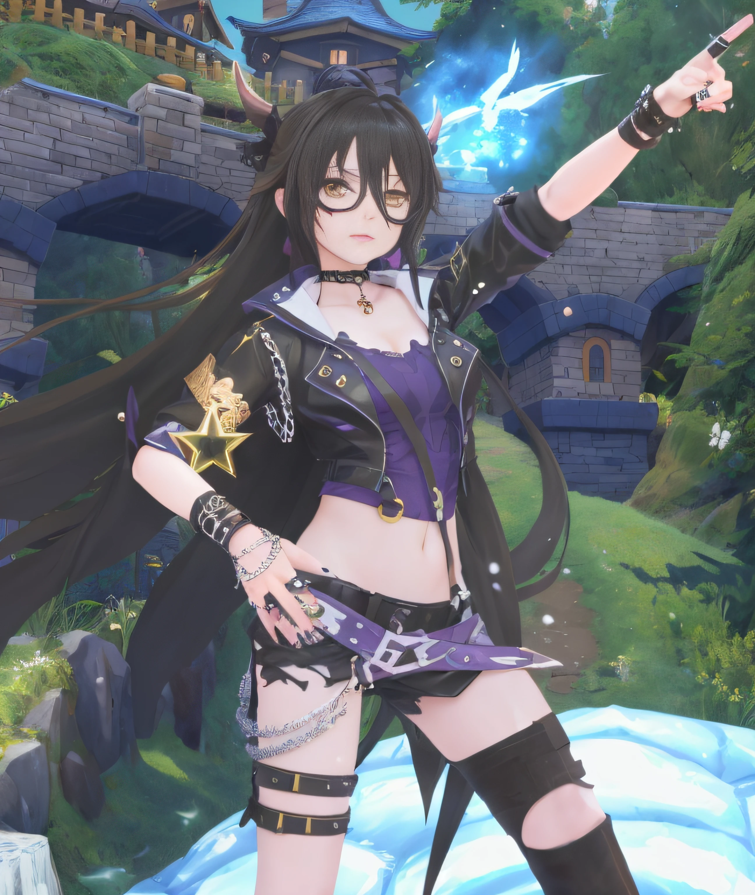 Menina do anime na roupa preta com cabelo preto e botas pretas, pose de spellcasting, azeitona holanda, modelo live2d youtuber virtual, Impacto de Ayaka Genshin, Preto - Mago Cabelo, segurando uma pose de pudica, Crotchet, anime moe artstyle, dark demonic dancer, Hanayamata, Traje preto e violeta, Roupas de bruxa astral