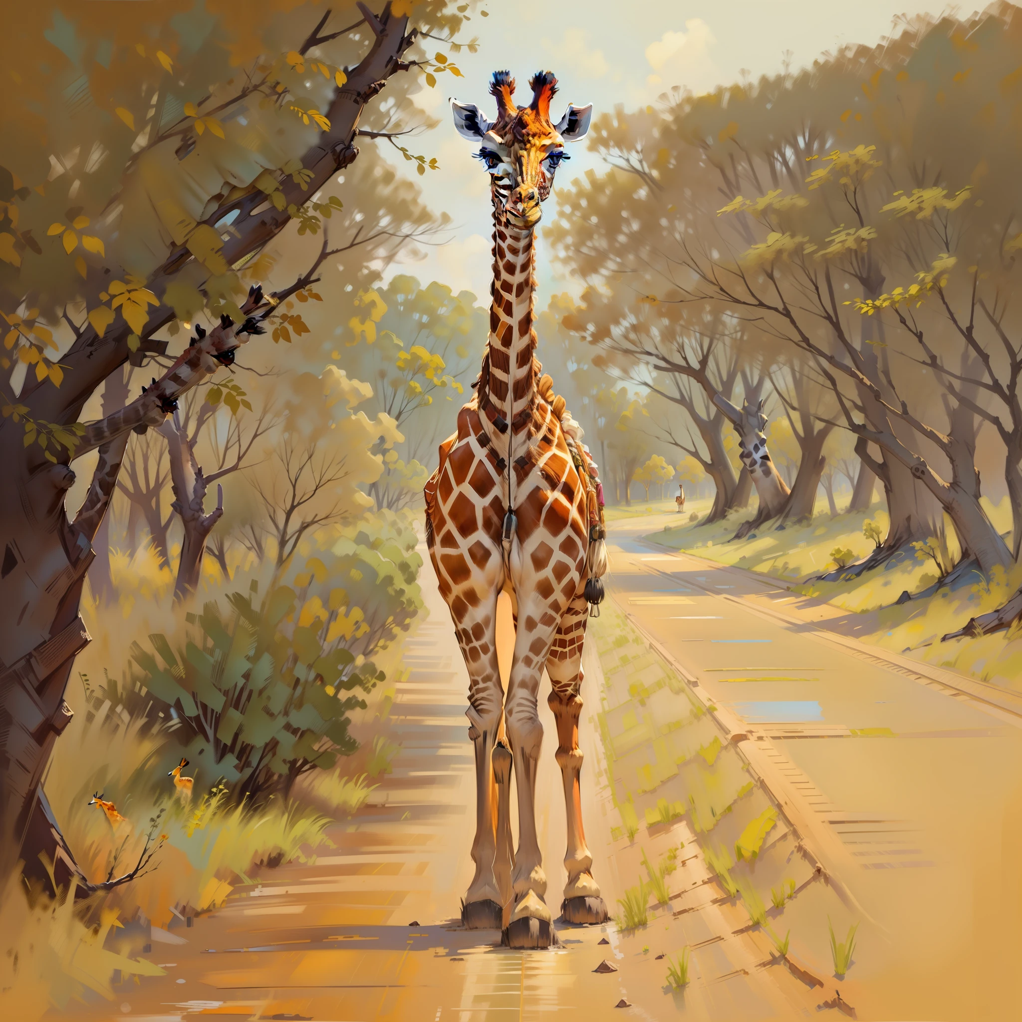 There is a giraffe walking on a dirt road next to a tree, girafe, Girafe debout sur le toit, long cou, Faire une pose majestueuse, Photographie de zoo, En Afrique, Debout triomphant et fier, Girafes, Portrait de Tall, Giraffe head and giraffe body, Faire une pose majestueuse et chaude, very long neck, Beautiful painting of a great, longs