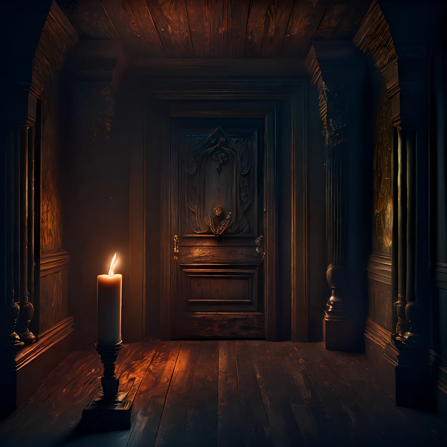 masterpiece, best quality, 8k, highres, realistic, real life, photography, ray tracing, candle lighting, , ultra realistic, scary dark hallway, film grain, horror \(theme\), wooden floor, candlelight, dark, dusty, abandoned, peeling off wallpaper, bloody door, creepy, horror, conjuring