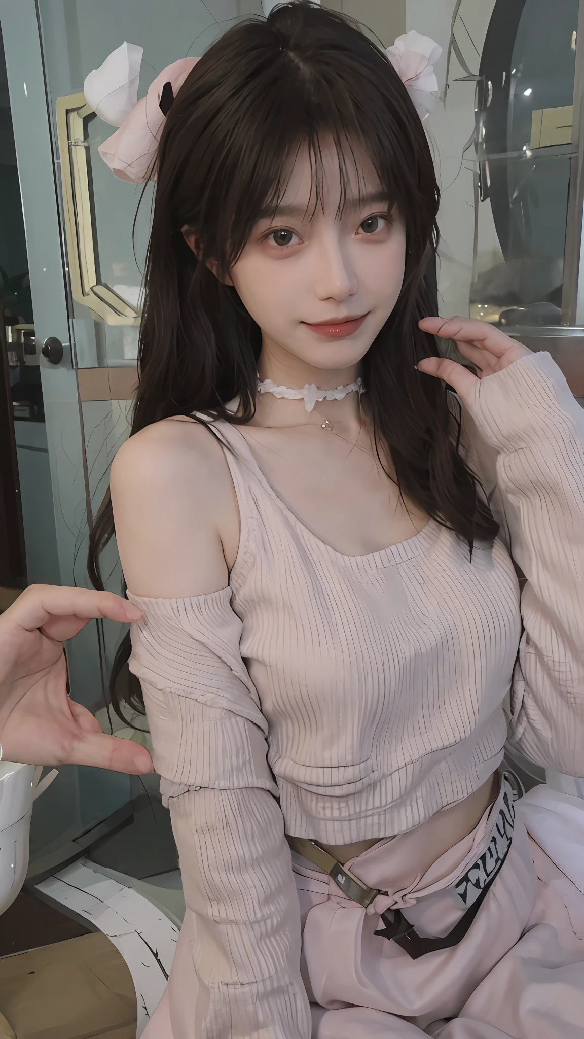 best qualtiy， 超高分辨率， （realisticlying：1.4），cute hairpin，Baoyu Girl，1girll, Beautiful woman with a slim figure:1.4, Abs:1.1, (A brown-haired, mideum breasts:1.3), Long pink sweater:1.1, 浴室,Ultra-fine face，Elaborate Eyes，二重まぶた，ssmile，choker necklace