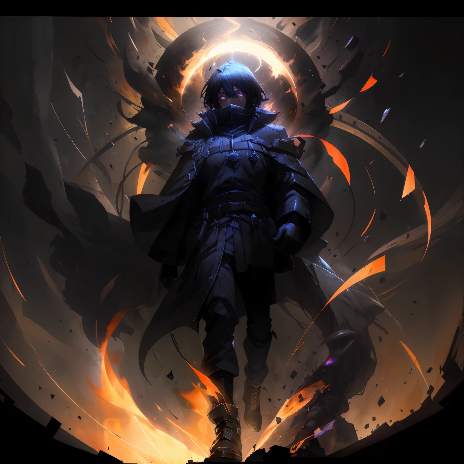 a guy wearing large black clothes , short black hairs, shining red eyes, black shadows aura, smoke scenario