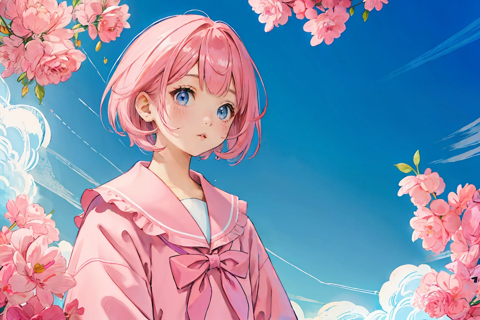 girl with、Pink hair、bob、Half Twin、Light blue ribbon on hair、pink sailor suit、Eye color is also pink