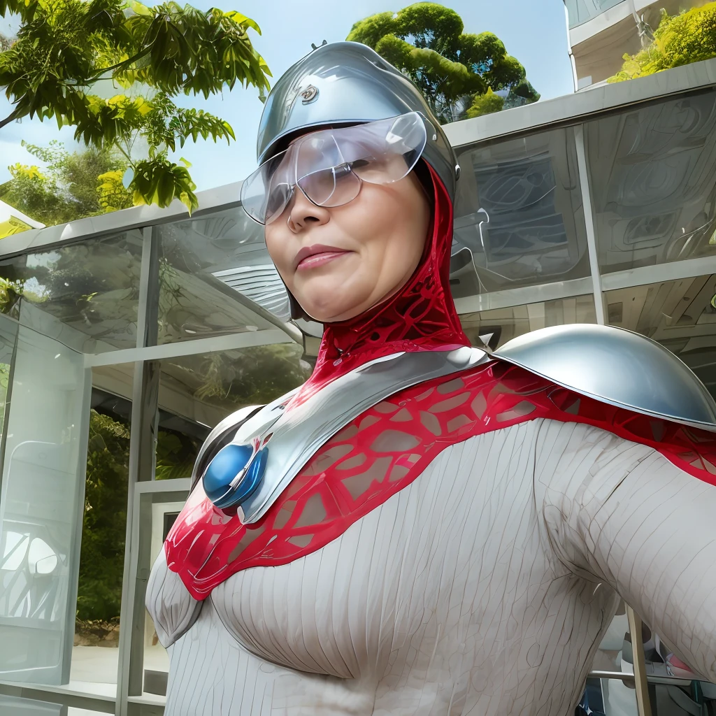 、detail, helmets、Blue brooch、Wearing silver-rimmed glasses、A MILF , 1 middle-aged woman, A Beautiful Female Figure, Big face, Big eyes, oguchi, Looking into the distance with a straight face、 Big Tits, taken with sony a7r camera