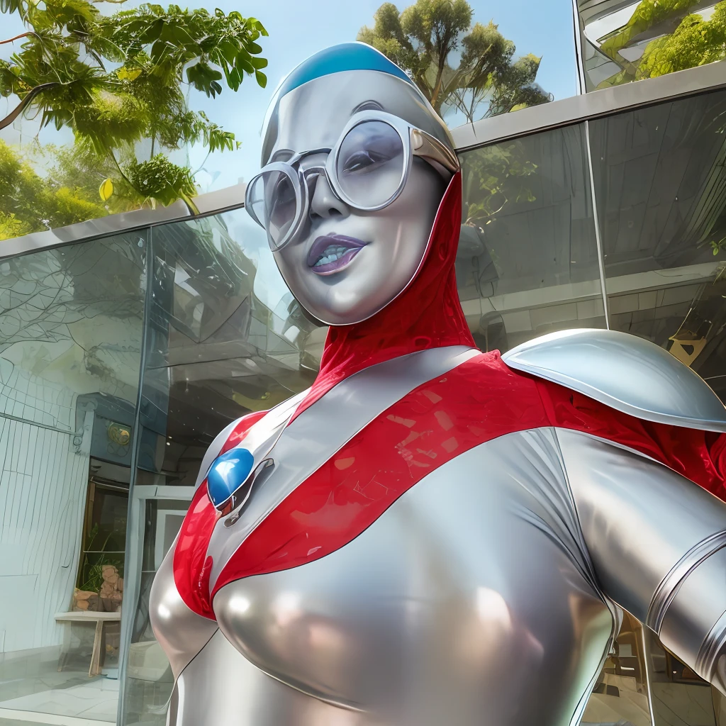 、detail, helmets、Blue brooch、Wearing silver-rimmed glasses、A MILF , 1 middle-aged woman, A Beautiful Female Figure, Big face, Big eyes, oguchi, Looking into the distance with a straight face、 Big Tits, taken with sony a7r camera