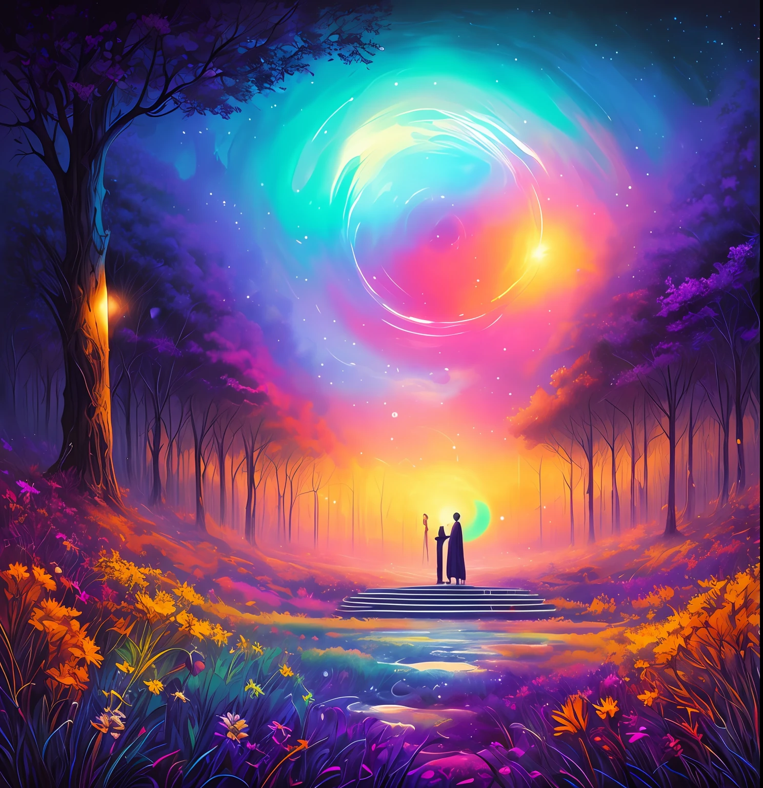 grupo de orquestra, a circle with a spiral background, Epic Music album cover, arte de fundo, epic surrealism 8k oil painting, album cover concept art, arte do bipe, music album art, inspirado em Cyril Rolando, Dan Mumford Tom Bagshaw, epic stunning atmosphere, Harmonia do Universo, surreal mystical atmosphere, music album cover, psychedelic