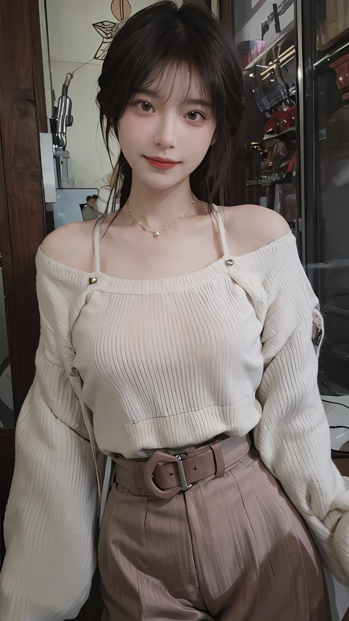 best qualtiy, 超高分辨率, (realisticlying:1.4),cute hairpin,Baoyu Girl,1girll, Beautiful woman with a slim figure:1.4, Abs:1.1, (A brown-haired, mideum breasts:1.3), Long pink sweater:1.1, 浴室,Ultra-fine face,Elaborate Eyes,二重まぶた,ssmile,choker necklace
