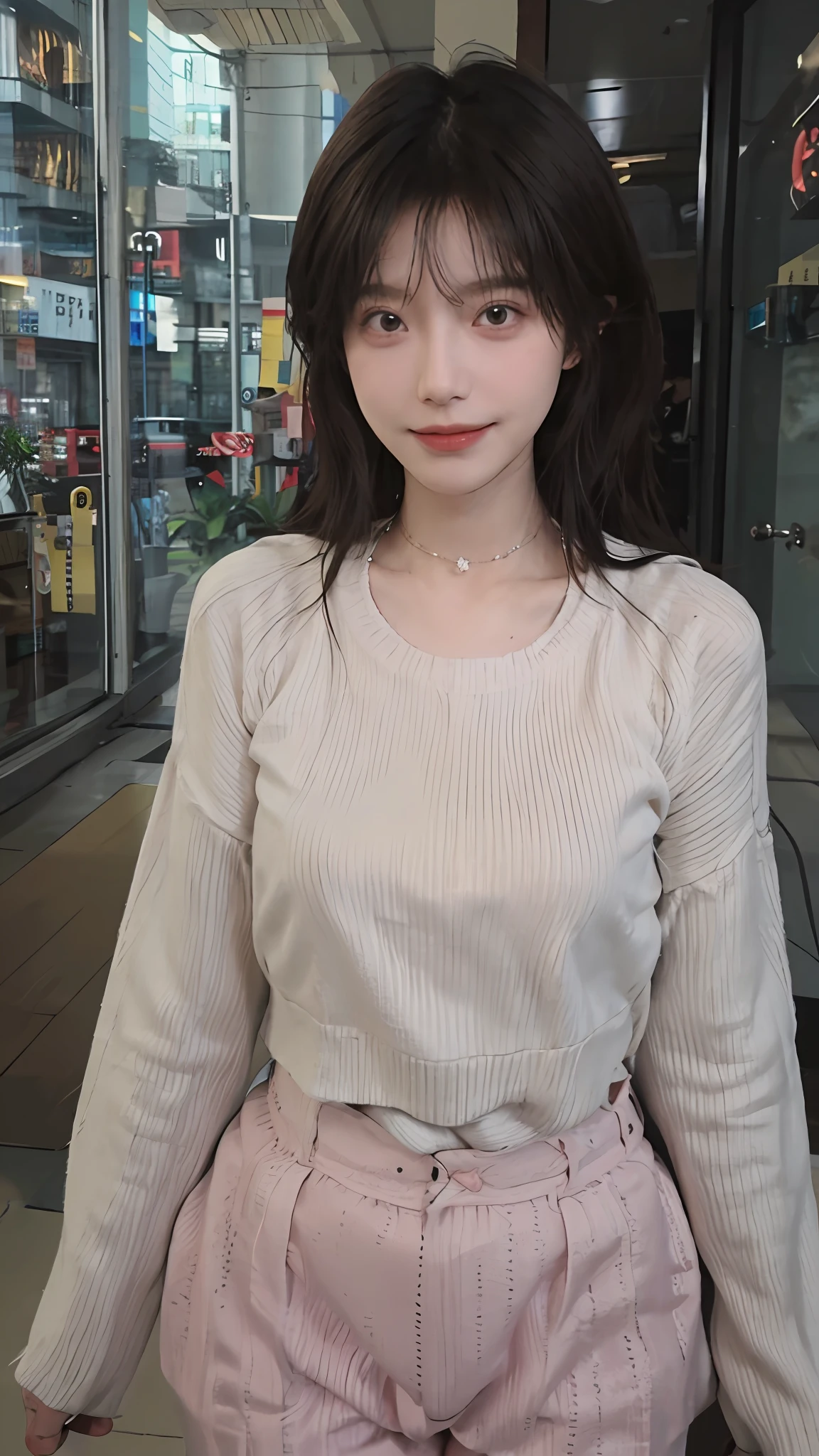 best qualtiy, 超高分辨率, (realisticlying:1.4),cute hairpin,Baoyu Girl,1girll, Beautiful woman with a slim figure:1.4, Abs:1.1, (A brown-haired, mideum breasts:1.3), Long pink sweater:1.1, 浴室,Ultra-fine face,Elaborate Eyes,二重まぶた,ssmile,choker necklace