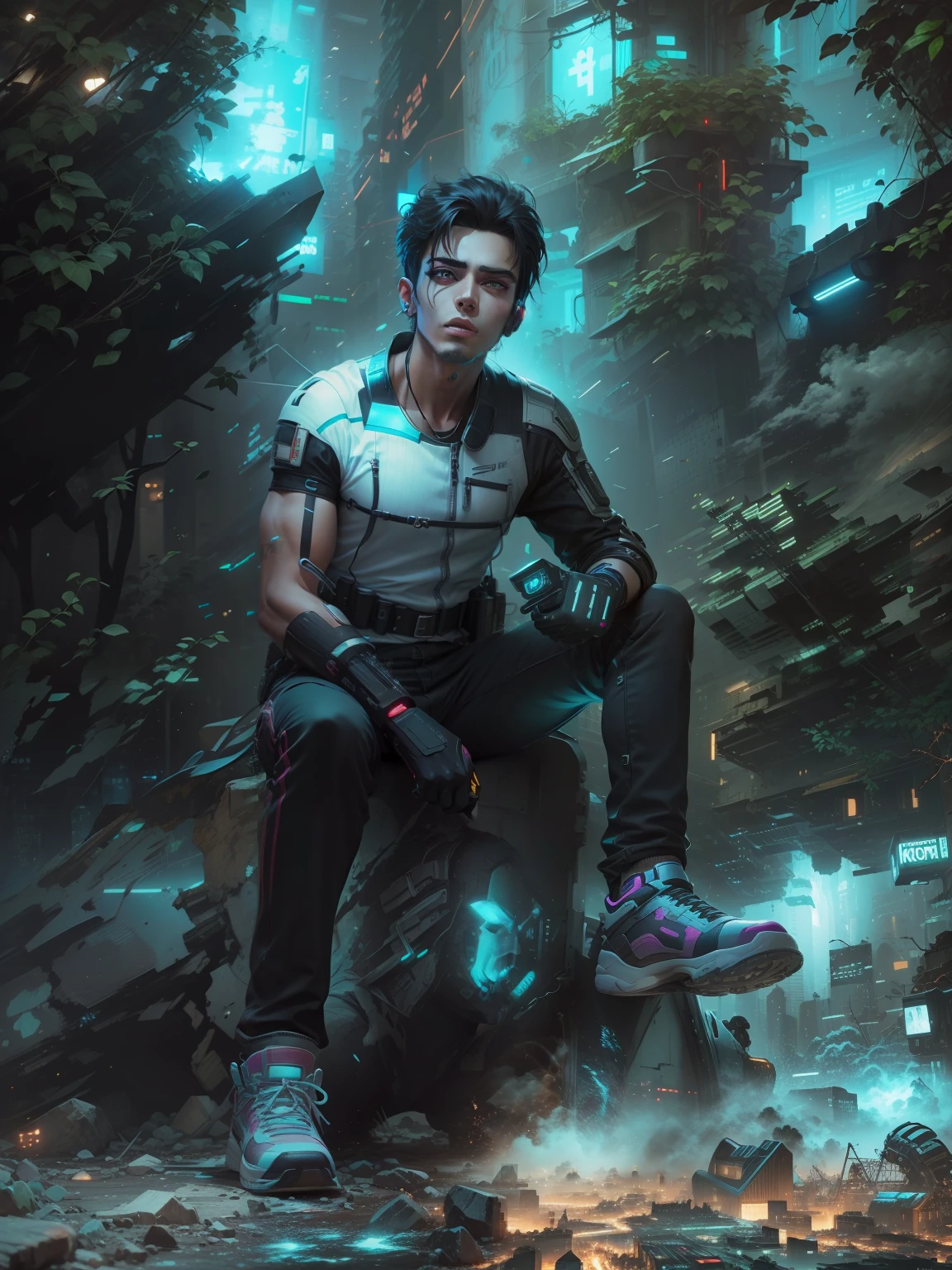 Change background cyberpunk handsome boy ultra realistic realistic face.