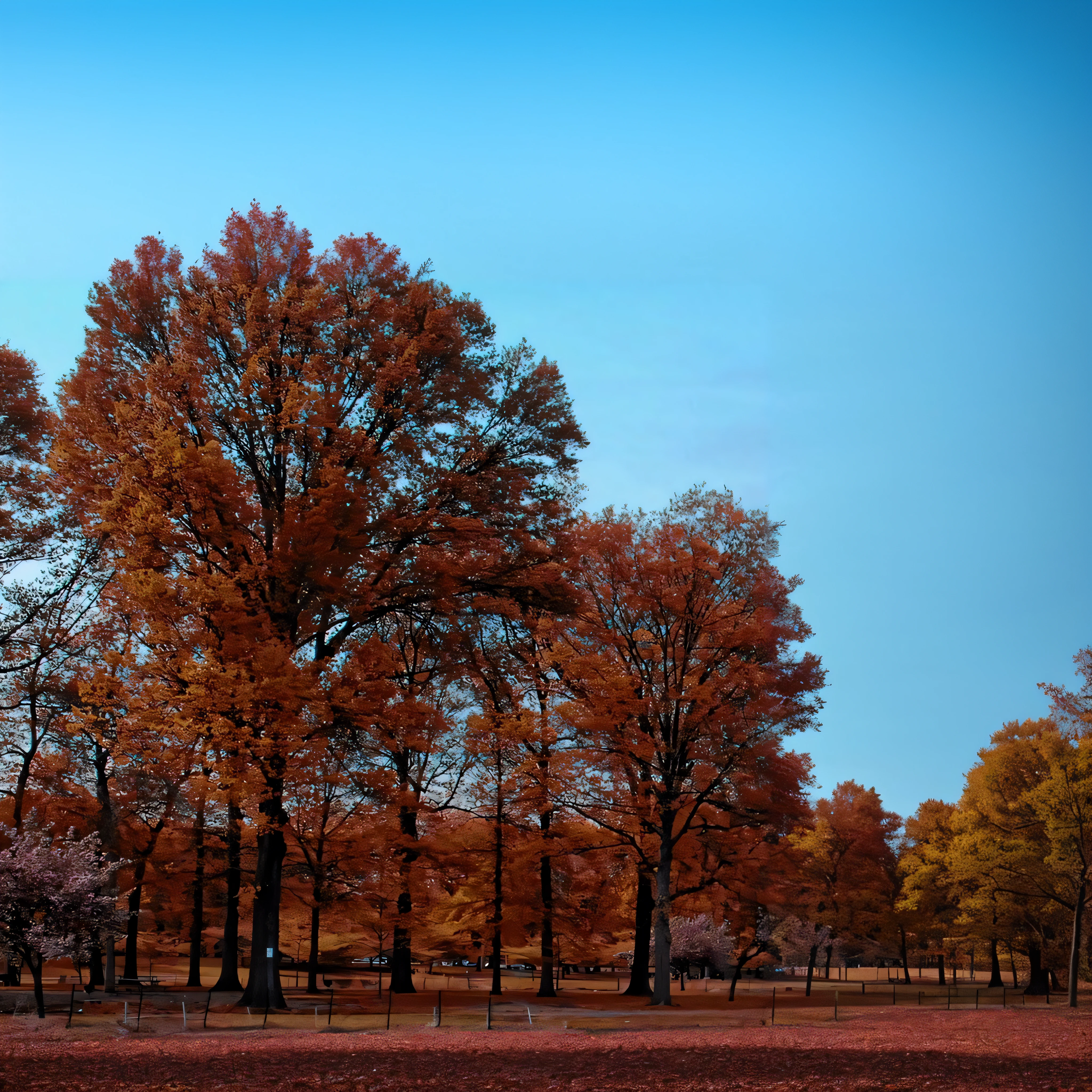 Trees with orange leaves and a blue body of water, red trees, during autumn, colorful trees, Bare autumn trees, A forest of burning trees, Colorful autumn trees, Autumn foliage in the foreground, Autumn colors muted, trees with many leaves, colores contrastantes, Late Autumn, in fall, Maples with autumn foliage, autumn-colored oaks