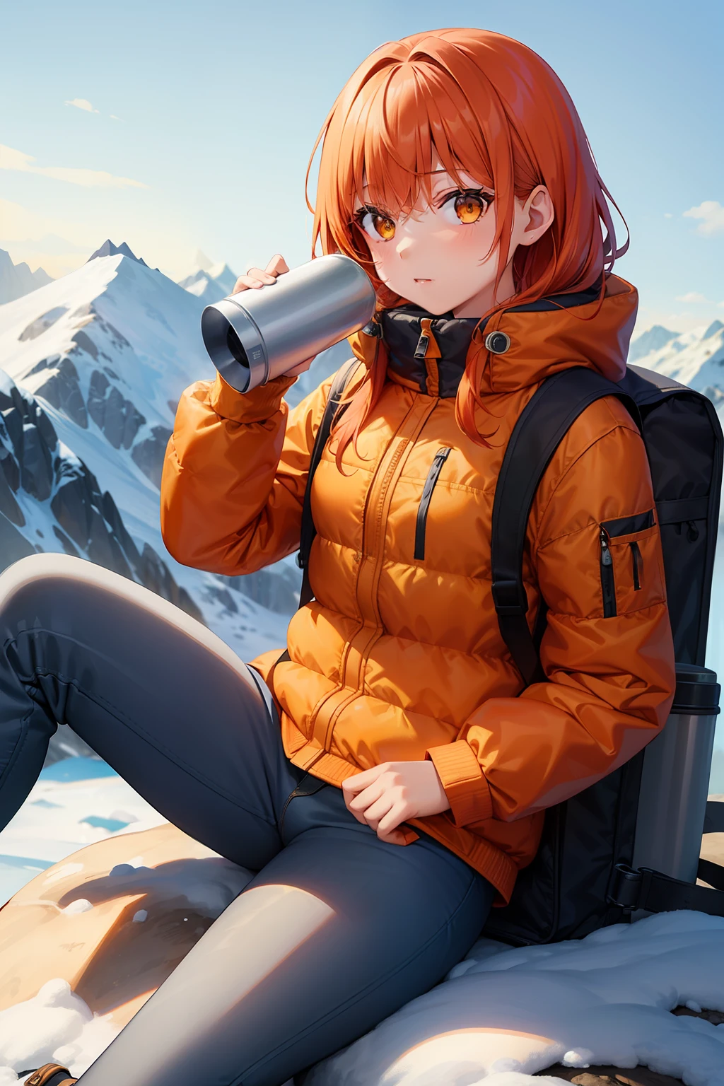 young girl, on a snow mountain, climber's coat, climber's clothes, orange jacket, yellow eyes, red hair, big backpack, holds on the edge of the mountain, resting, holds on the ground drinking coffee from a thermos