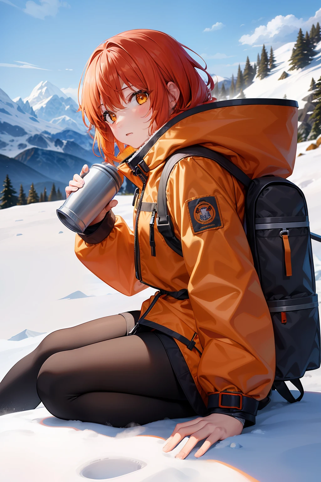 young girl, on a snow mountain, climber's coat, climber's clothes, orange jacket, yellow eyes, red hair, big backpack, holds on the edge of the mountain, resting, holds on the ground drinking coffee from a thermos