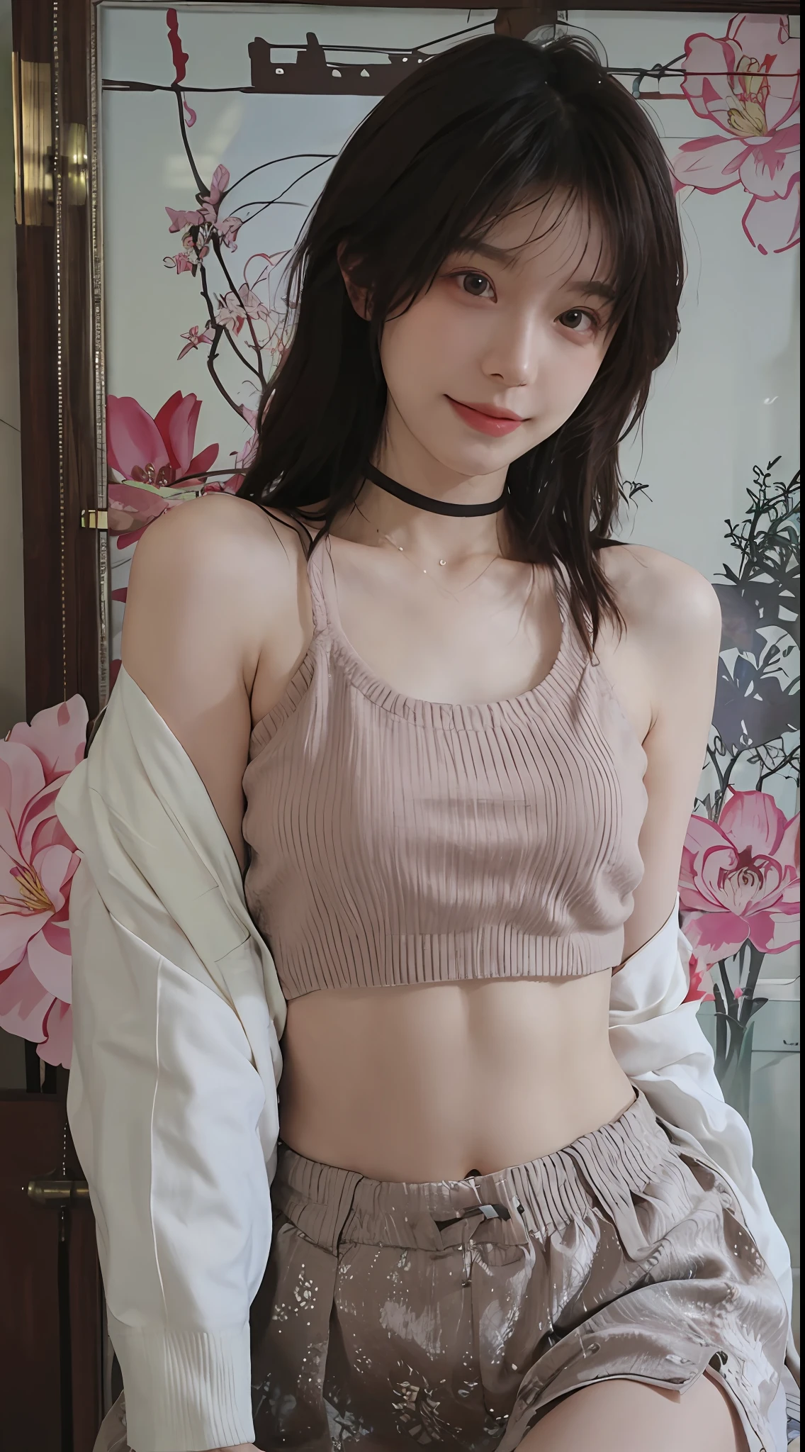 best qualtiy, 超高分辨率, (realisticlying:1.4),cute hairpin,Baoyu Girl,1girll, Beautiful woman with a slim figure:1.4, Abs:1.1, (A brown-haired, mideum breasts:1.3), Long pink sweater:1.1, 浴室,Ultra-fine face,Elaborate Eyes,二重まぶた,ssmile,choker necklace