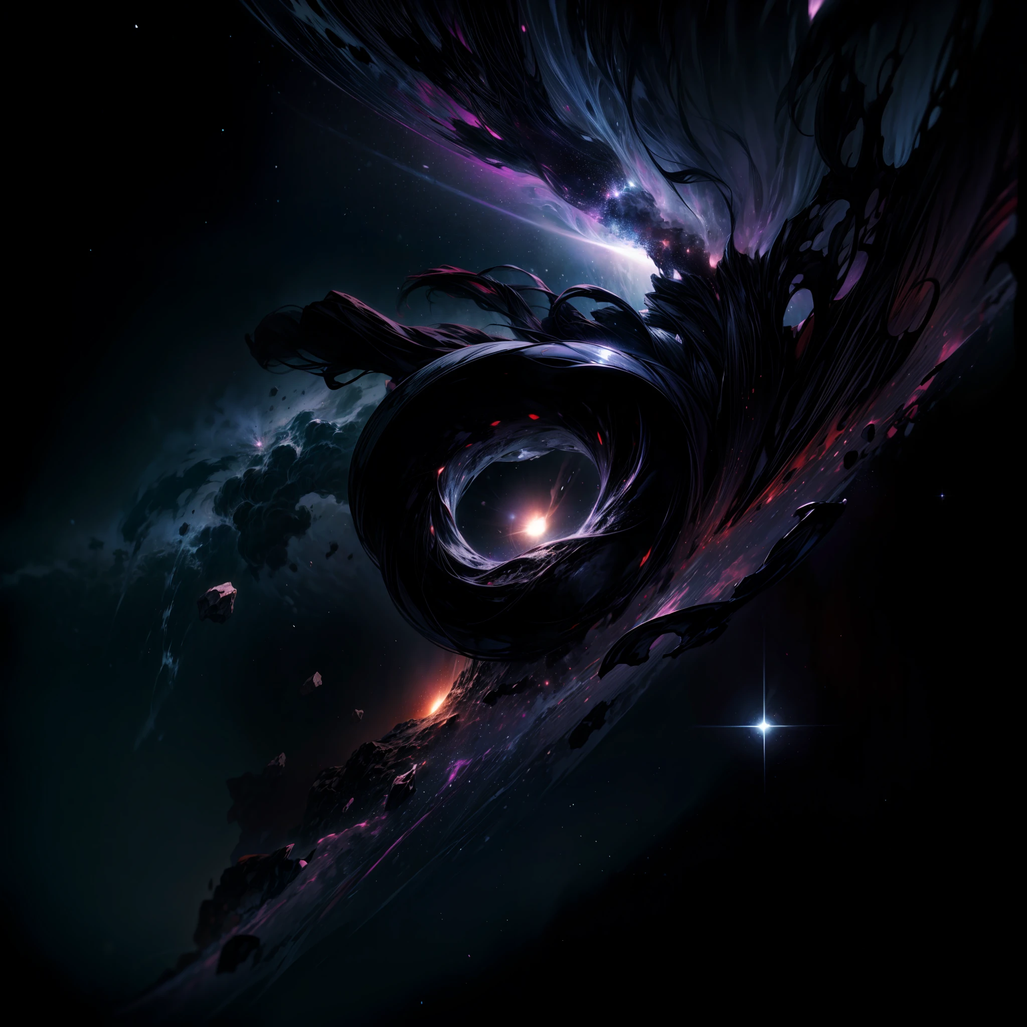 "floating in a serene black void,", background filled with stars and nebulae, outer space