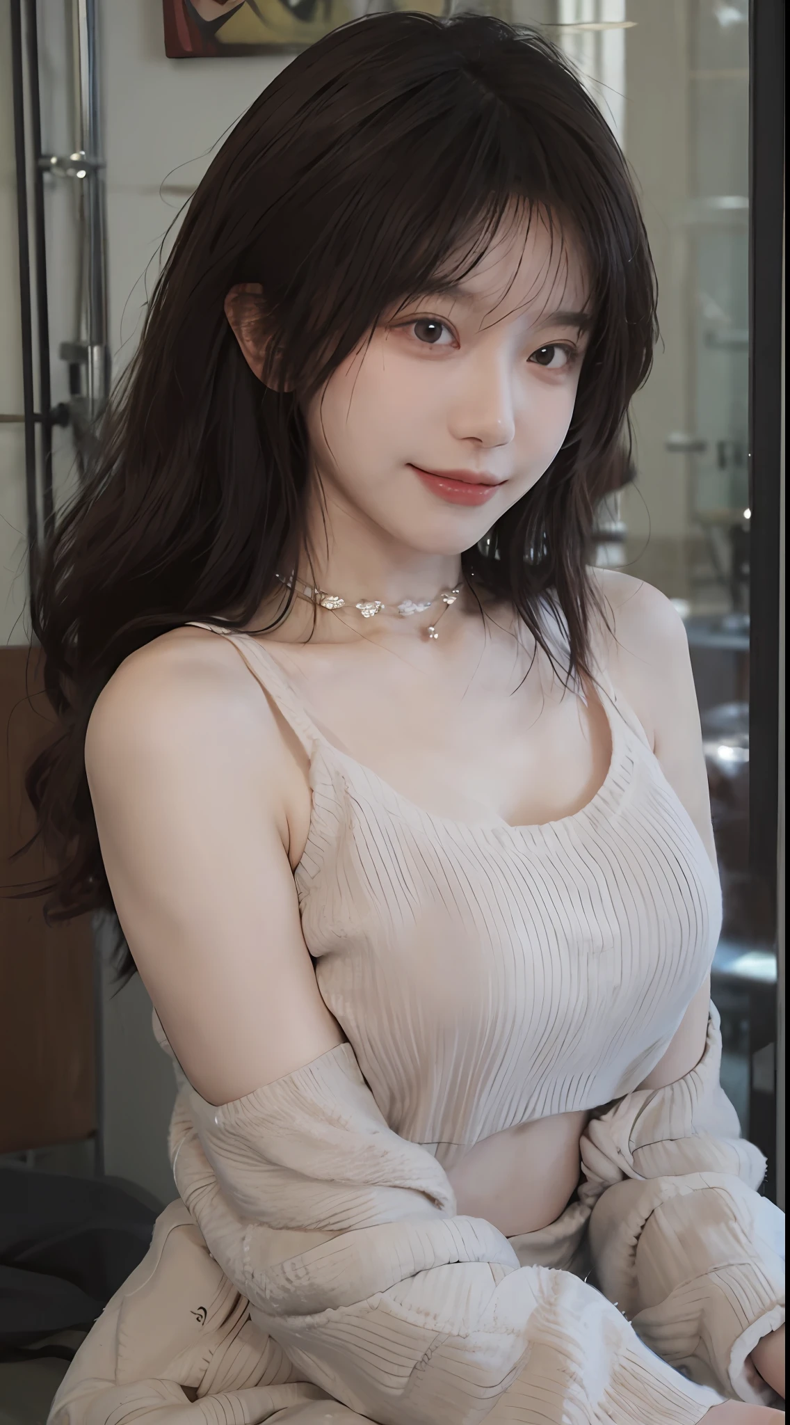 best qualtiy， 超高分辨率， （realisticlying：1.4），cute hairpin，Baoyu Girl，1girll, Beautiful woman with a slim figure:1.4, Abs:1.1, (A brown-haired, mideum breasts:1.3), Long pink sweater:1.1, 浴室,Ultra-fine face，Elaborate Eyes，二重まぶた，ssmile，choker necklace