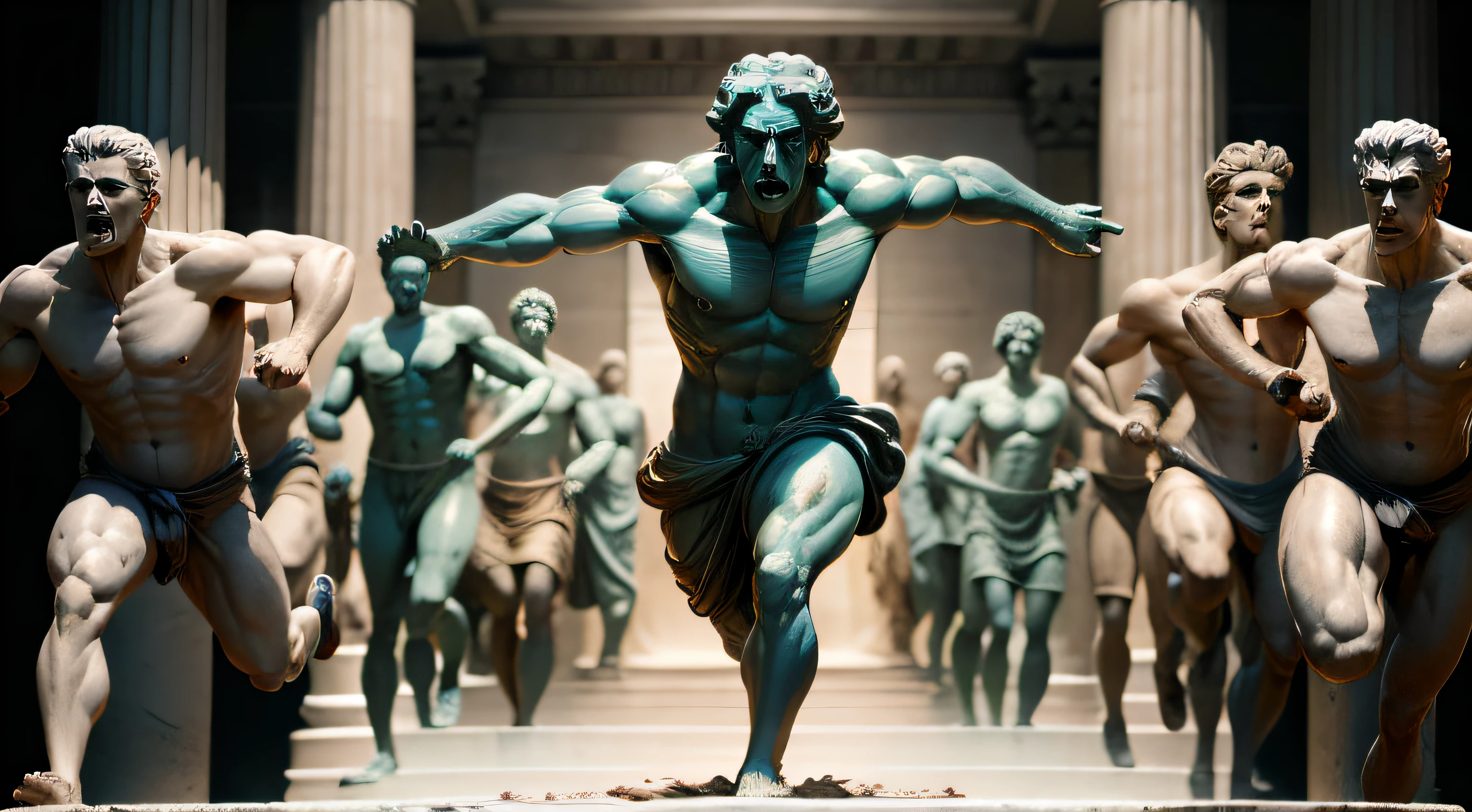 greek statue, sculpted by michelangelo, furious face, running towards opponent. Actor-inspired statue