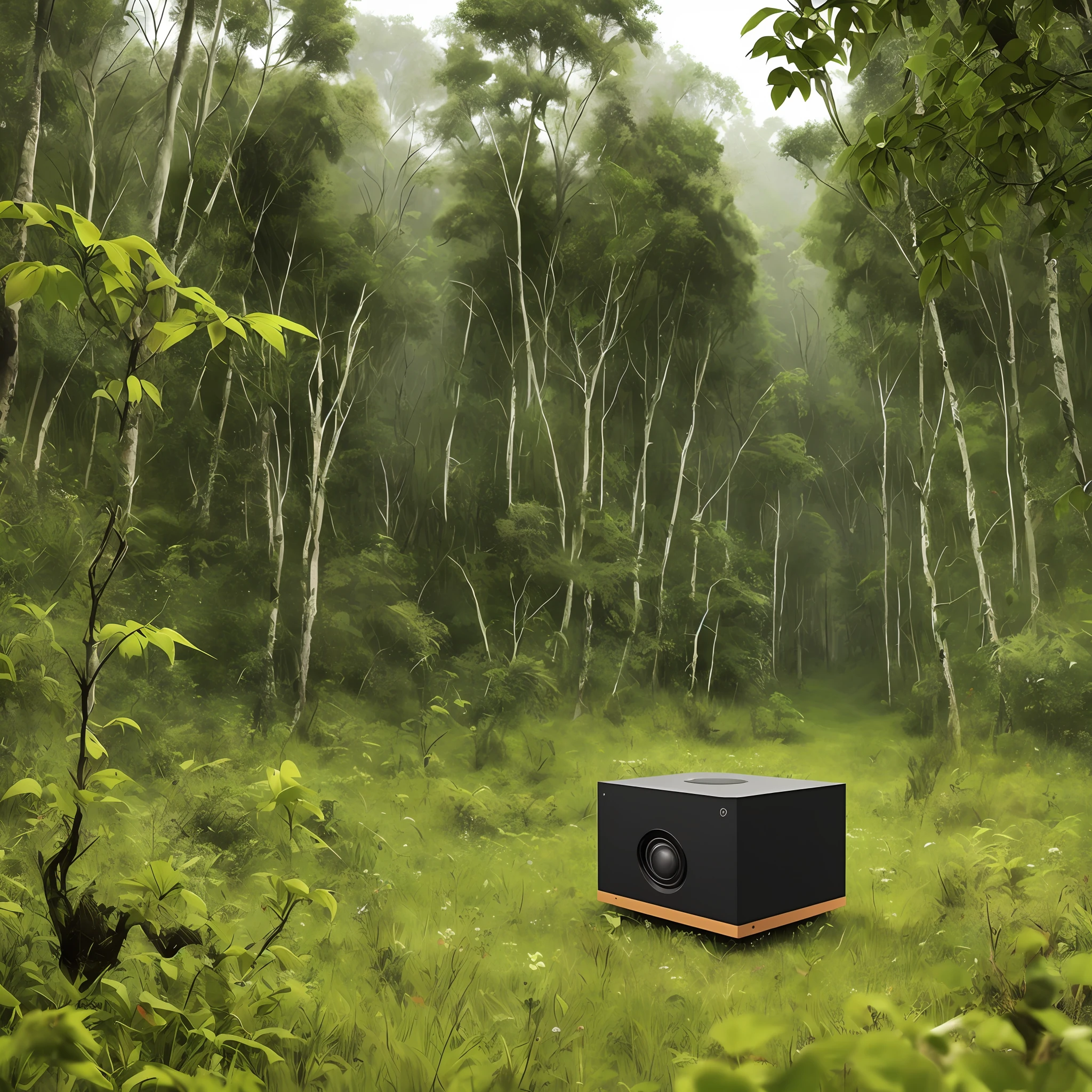 There is a meadow covered with green in the dense jungle,A sci-fi style sound box levitates in mid-air,Several thorns stick out and wrap around the surface of the audio box,of a real,Hyper-realistic style