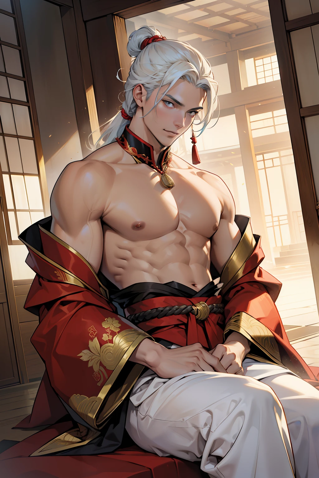 ((melhor qualidade)), ((obra-prima)), (altamente detalhado:1.3), um homem com cabelo comprido azul, pale skin wearing a luxurious Japanese kinono in red and gold color with a Japanese heavenly palace