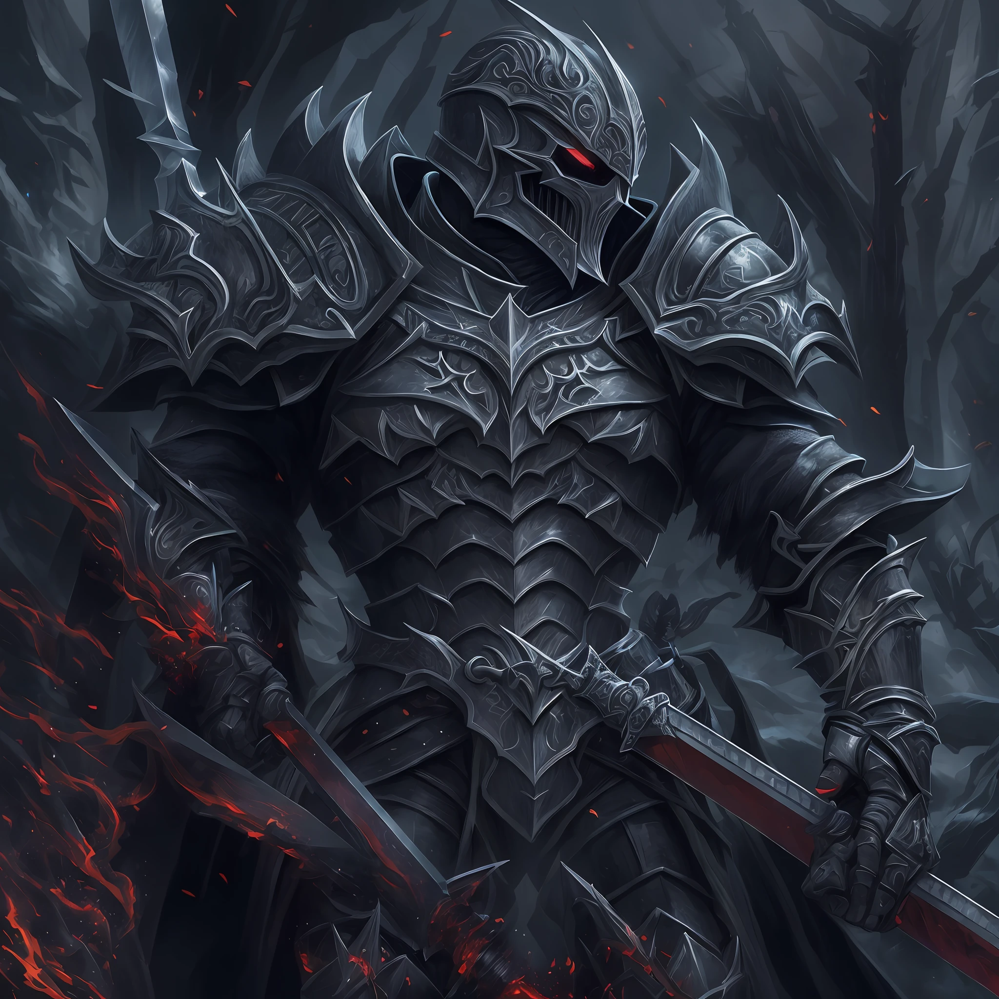 (extremely detailed 8k wallpaper),a medium shot of a death knight, wearing jet black armour, holding a greatsword, absolutely stunning art, intricate, high detail, dramatic