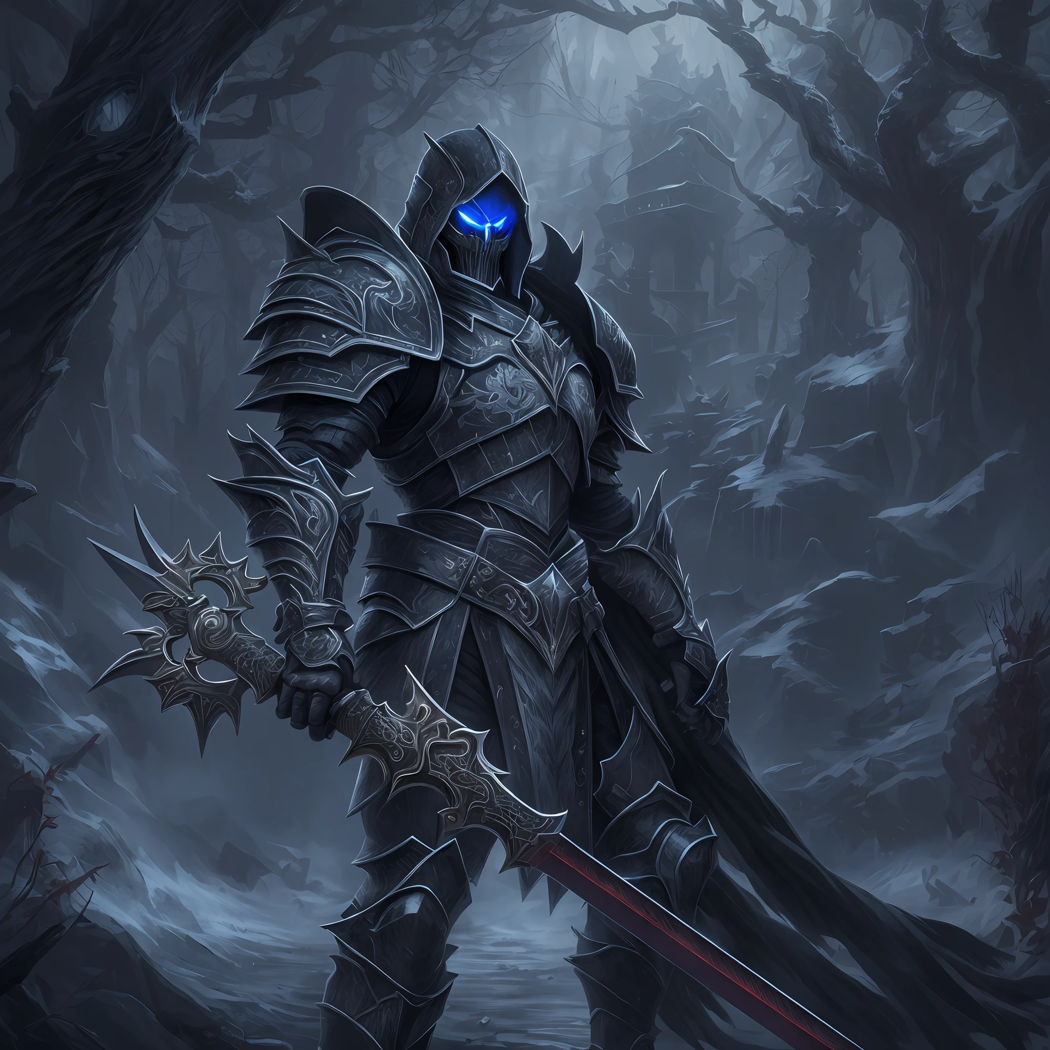(extremely detailed 8k wallpaper),a medium shot of a death knight, wearing jet black armour, holding a greatsword, absolutely stunning art, intricate, high detail, dramatic