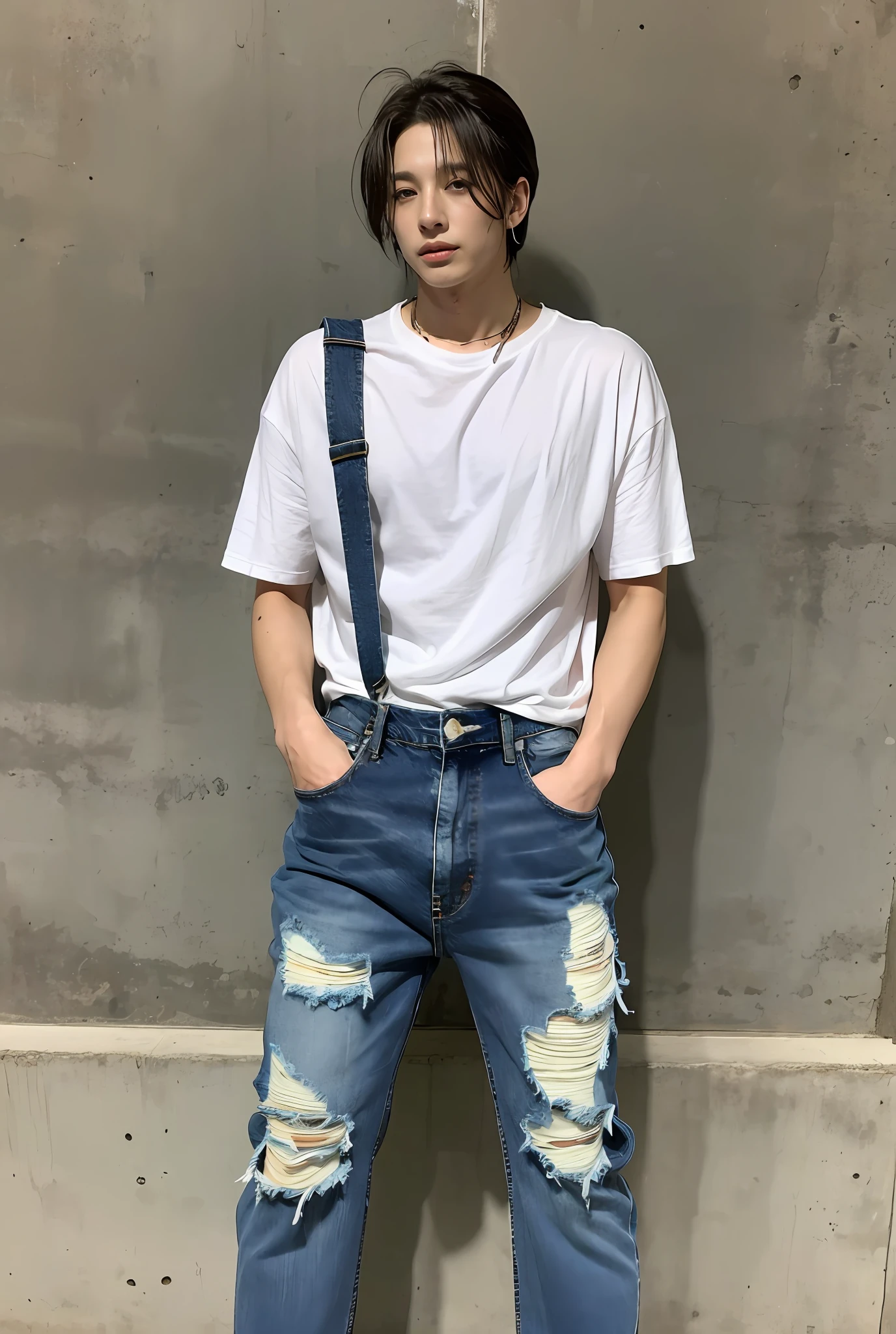 Um garoto coreano , wearing ripped jeans, Torn pants, (Jeans rasgada) (Torn pants), posing for photo shoot , corpo inteiro, fundo liso, jungkook, jungkook taeyang Jimim 1 boy, 1 homem, homem masculino coreano, homem masculino sozinho coreano sozinho, solo, sozinho