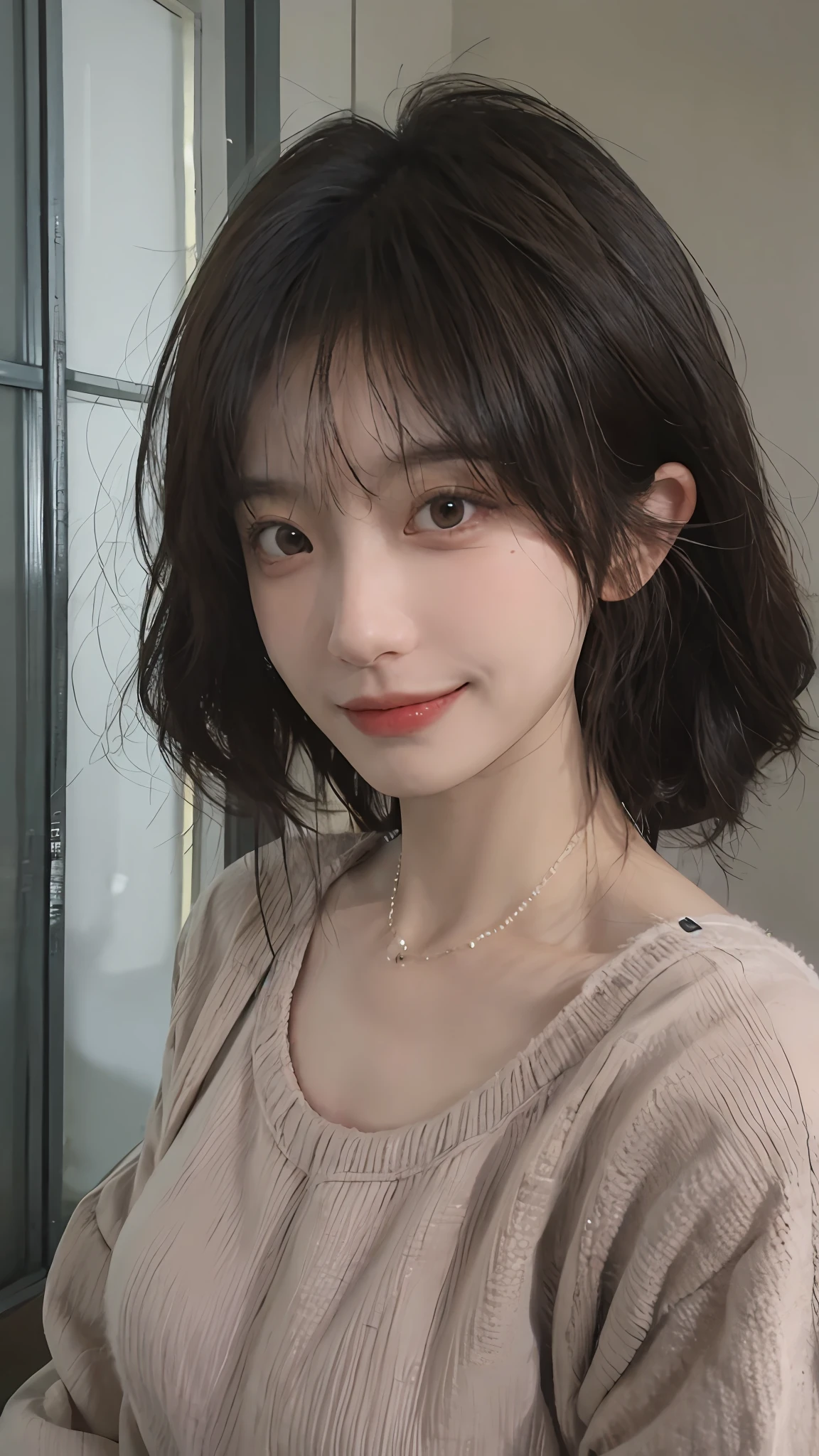 best qualtiy， 超高分辨率， （realisticlying：1.4），cute hairpin，Baoyu Girl，1girll, Beautiful woman with a slim figure:1.4, Abs:1.1, (A brown-haired, mideum breasts:1.3), Long pink sweater:1.1, 浴室,Ultra-fine face，Elaborate Eyes，二重まぶた，ssmile，choker necklace