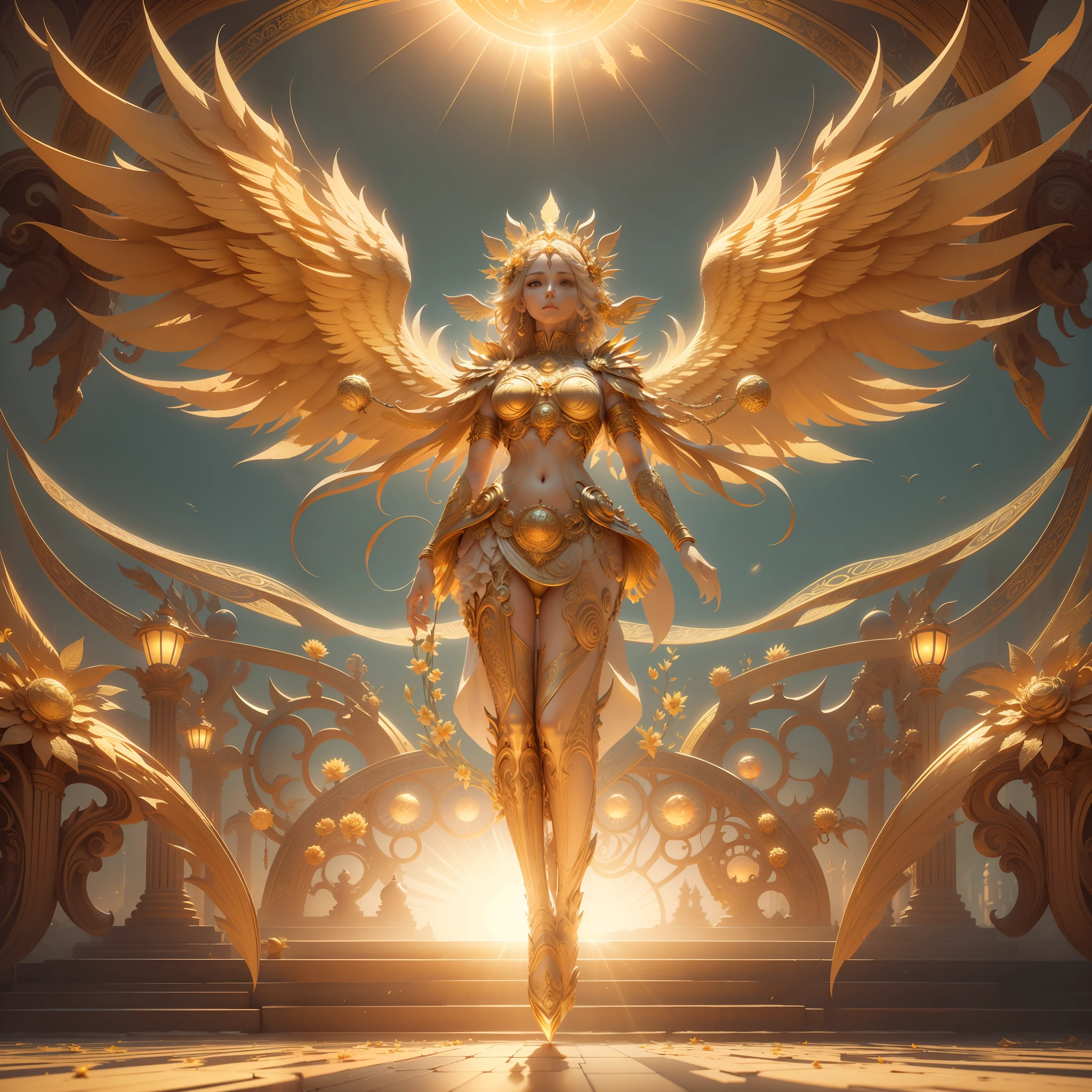 surrealism, conceptual art, classicism, back lit lighting, full bloom, Optical illusion, wide angle full body, in a panoramic view, Ultra-wide angle full body,projected inset, hyper HD, Masterpiece, Textured skin, Super detail, High quality, Award-Awarded,It has a large golden flower on it, enlightening. Intricate, full bodyesbian, The goddess of the sun who blesses the masses, Flying,Extremely detailed full-body shot of the goddess, the solarpunk phoenix, Symmetrical epic fantasy art, unreal engine rendered, Goddess of Light, gold ethereal light, ethereal angelic being of light, art nouveau octane render, intricate ornate anime cgi style