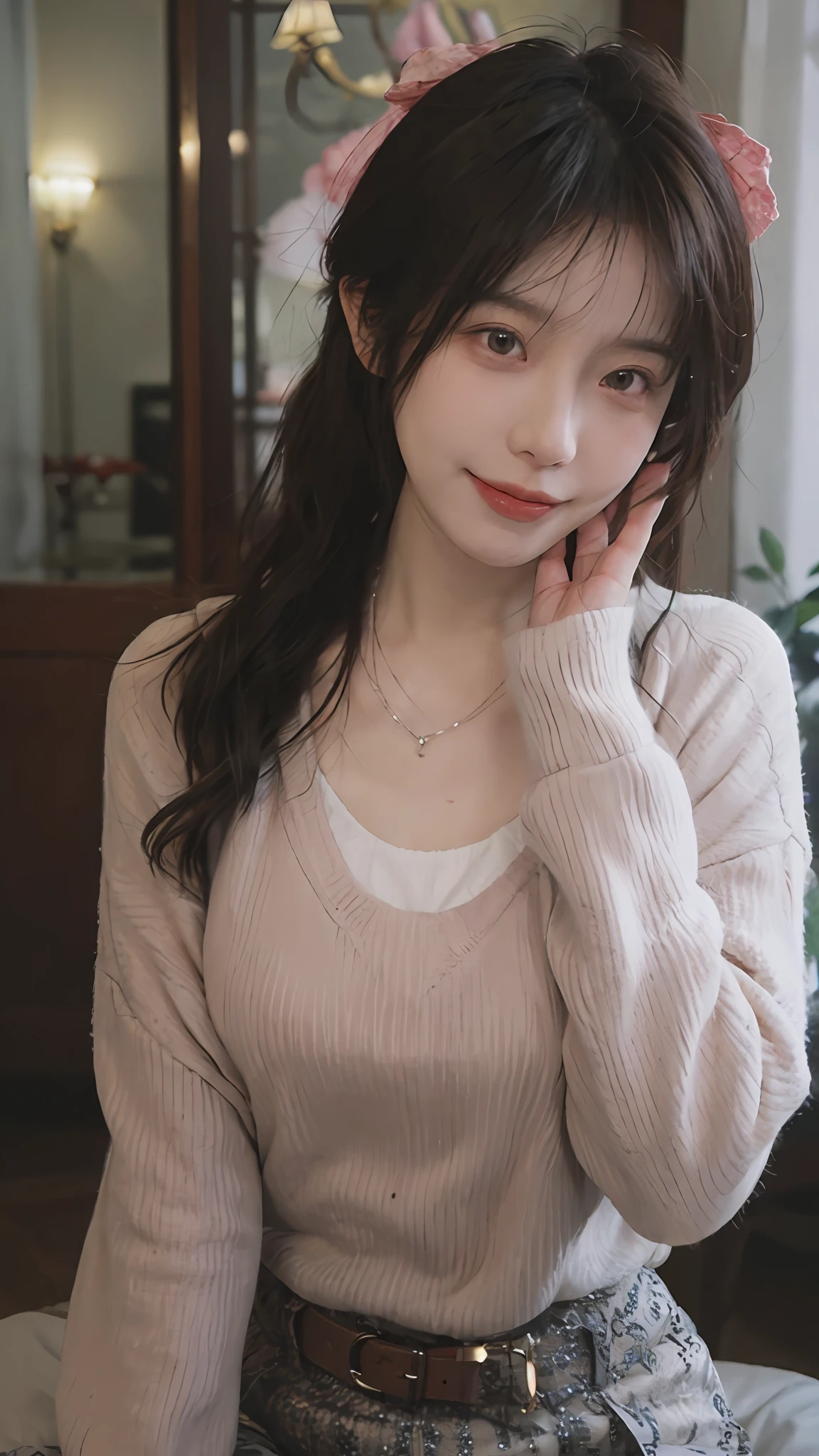 best qualtiy, 超高分辨率, (realisticlying:1.4),cute hairpin,Baoyu Girl,1girll, Beautiful woman with a slim figure:1.4, Abs:1.1, (A brown-haired, mideum breasts:1.3), Long pink sweater:1.1, 浴室,Ultra-fine face,Elaborate Eyes,二重まぶた,ssmile,choker necklace