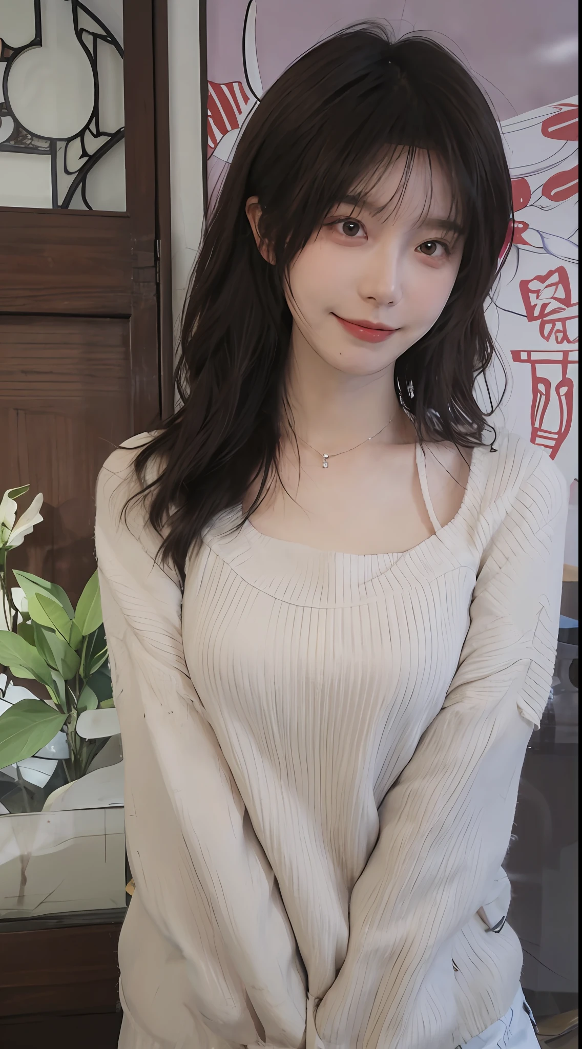 best qualtiy, 超高分辨率, (realisticlying:1.4),cute hairpin,Baoyu Girl,1girll, Beautiful woman with a slim figure:1.4, Abs:1.1, (A brown-haired, mideum breasts:1.3), Long pink sweater:1.1, 浴室,Ultra-fine face,Elaborate Eyes,二重まぶた,ssmile,choker necklace